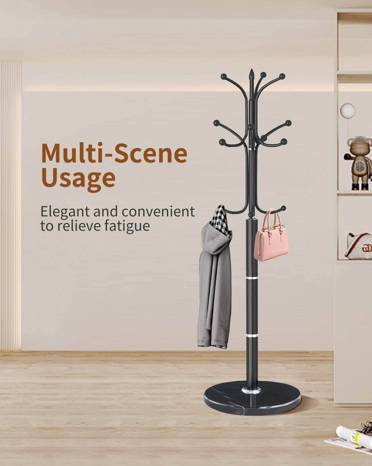 Snaikor Metal Coat Rack Freestanding, Sturdy Coat Rack Stand with Natural Marble Base, Modern Black Coat Racks Tree Hats Hanger Holder Stand for Entryway, Hallway, Office(12 Hooks)