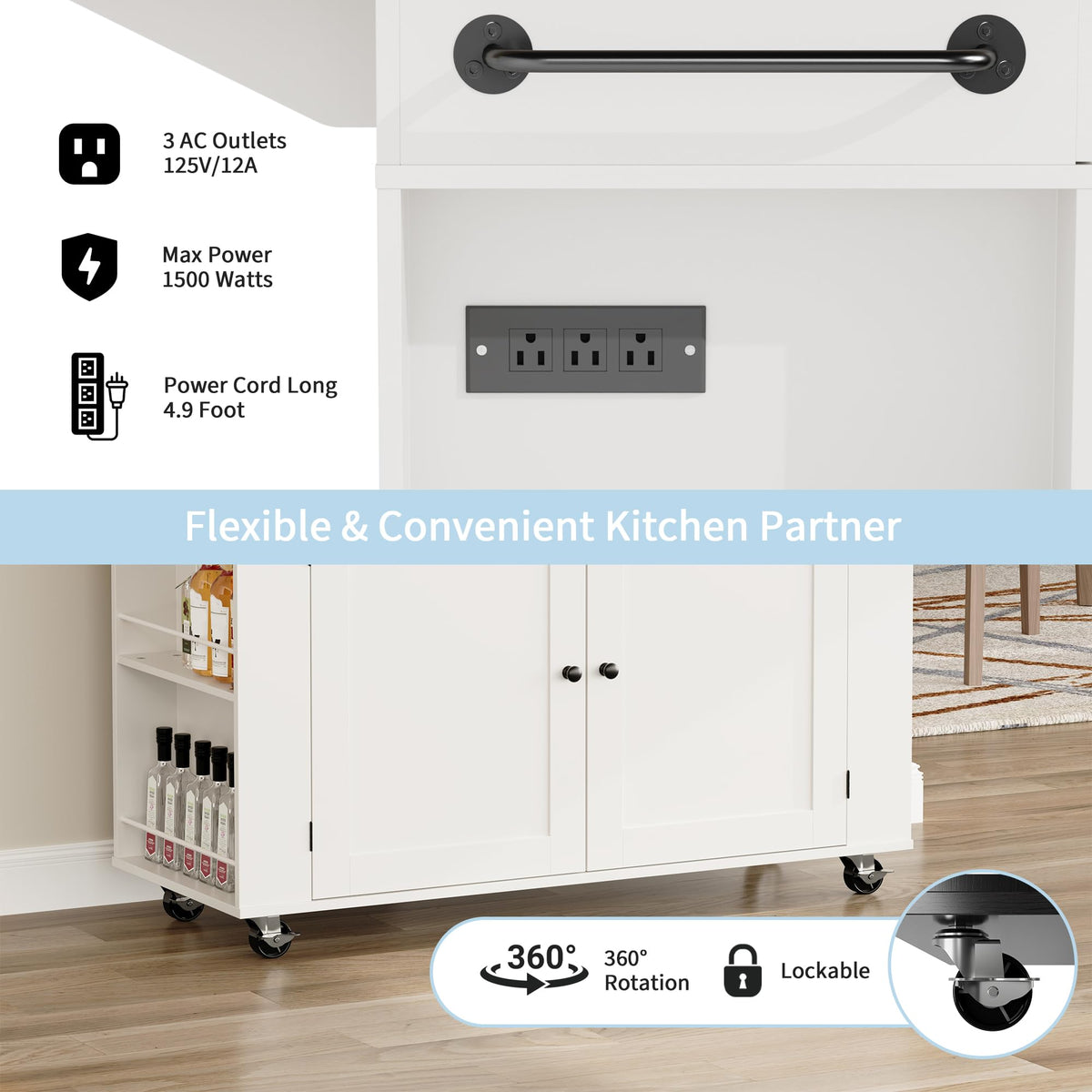 GarveeHome Rolling Kitchen Island with Drop Leaf Countertop, Charging Station & Ample Storage - 47.2 in Mobile Kitchen Cart On Wheels with Pull-Out Shelves, Drawers, Spice Rack & Organizer Divider