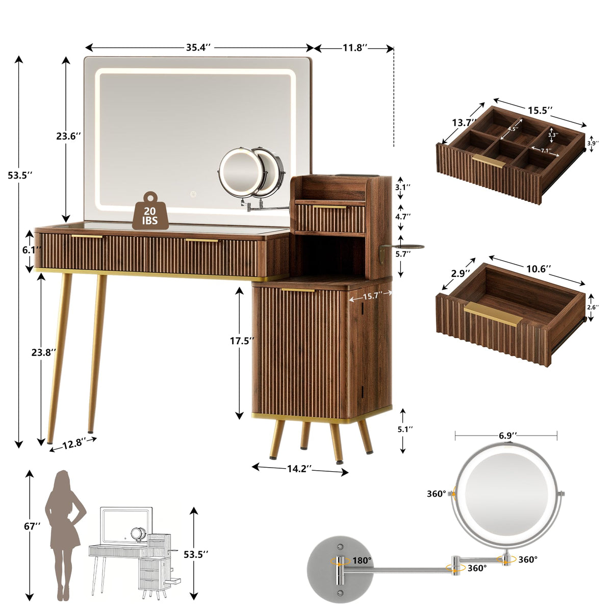 Fluted Glass Top LED Makeup Vanity