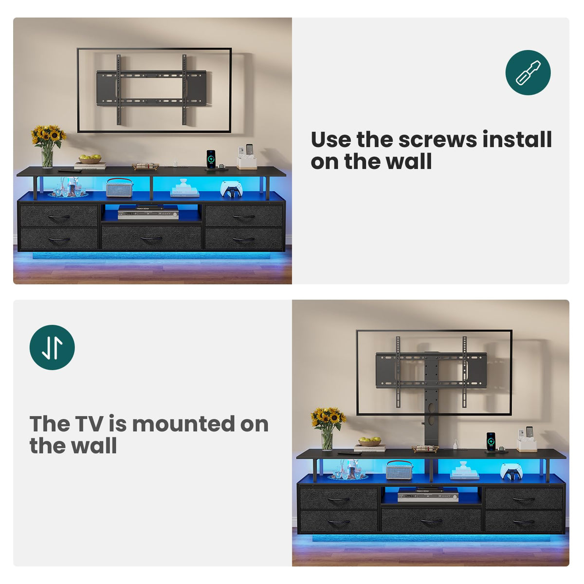 BTHFST LED TV Stand with Mount for Living Room, 55, 60, 70 TV, 6 Drawers