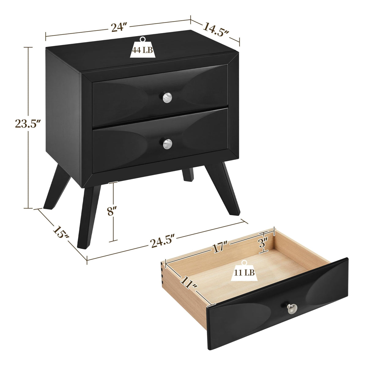 Black 2-Drawer Nightstand
