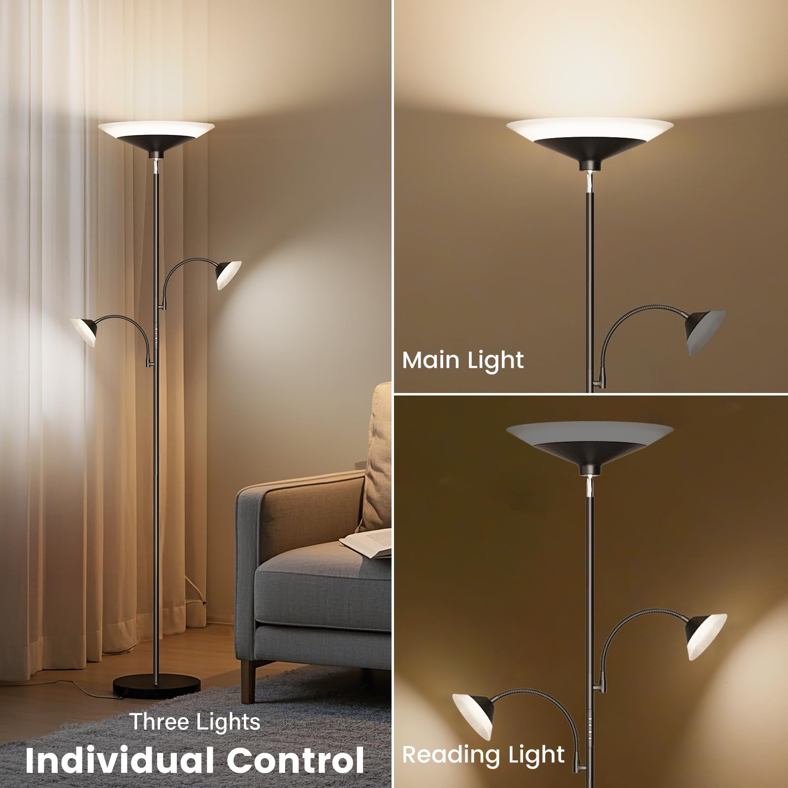 3-Light Dimmable LED Torchiere Floor Lamp