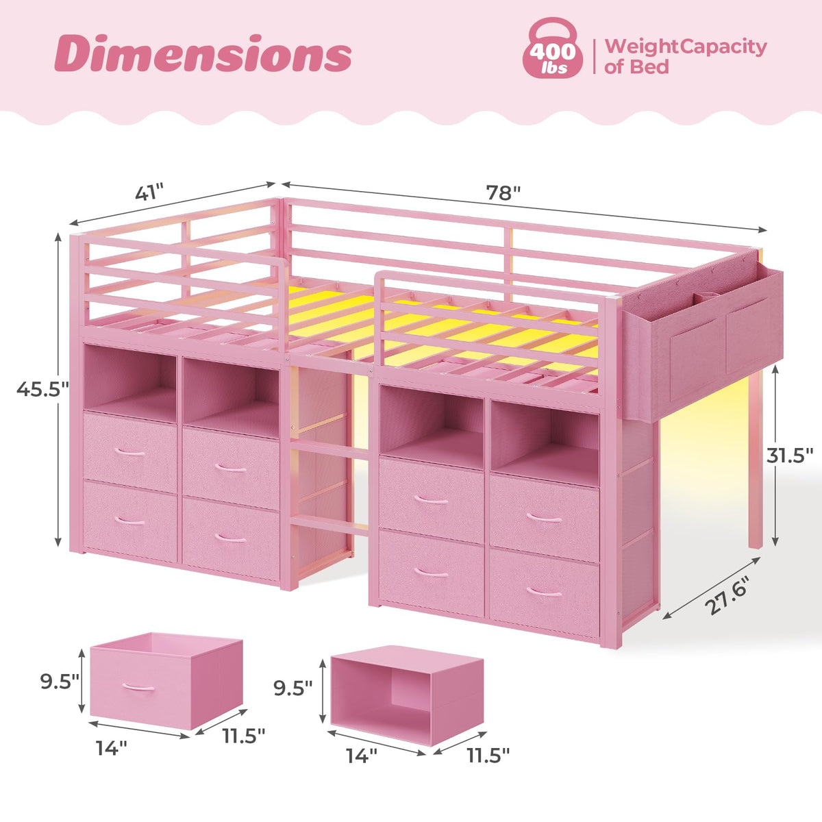 ADORNEVE Low Loft Bed Twin Size with 8 Storage Drawers for Kids, Pink