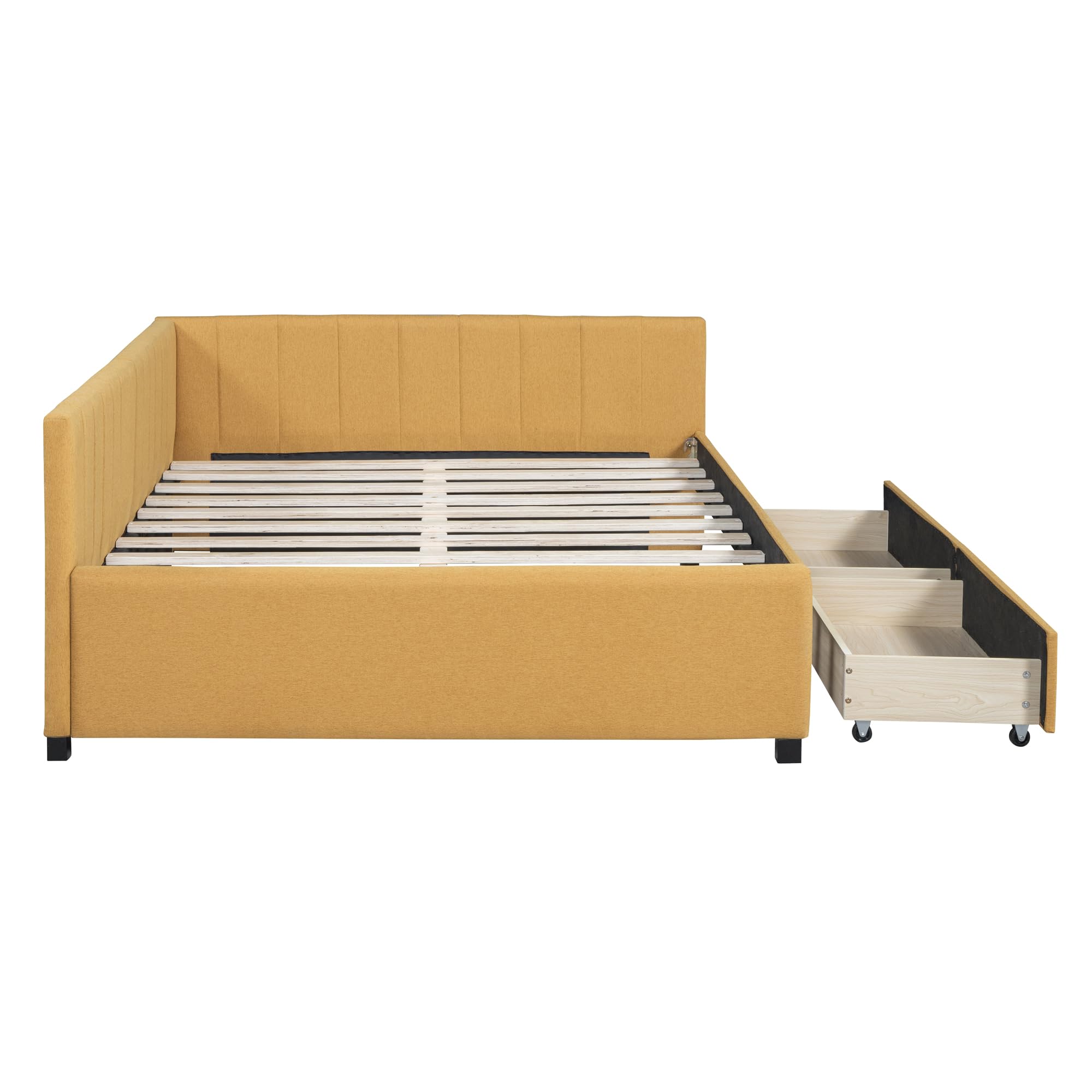 Merax Full Size Daybed with Drawers, Upholstered Full Daybed, Linen Fabric Sofa Bed, No Box Spring Needed, Yellow
