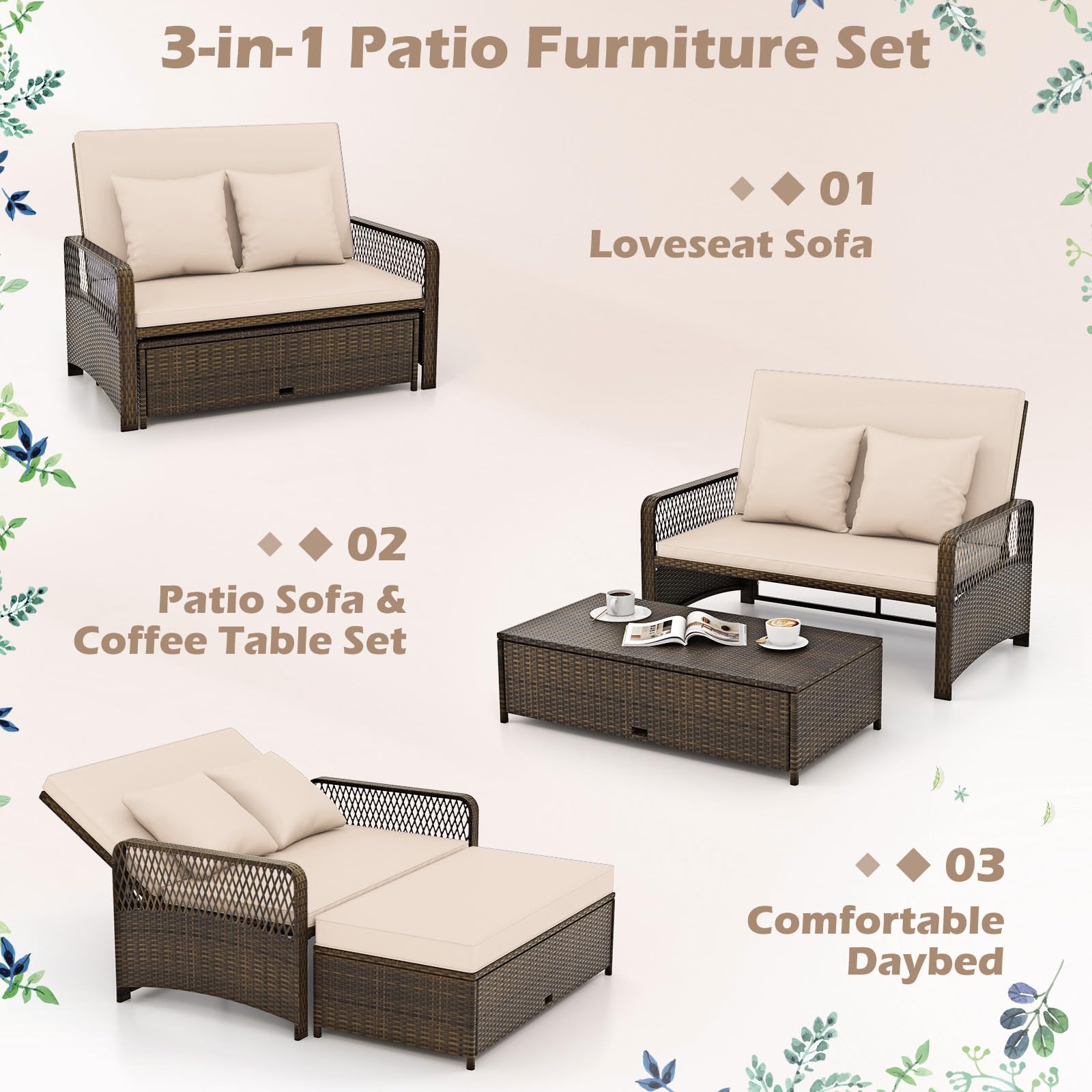 Patio Rattan Daybed with Storage Ottoman