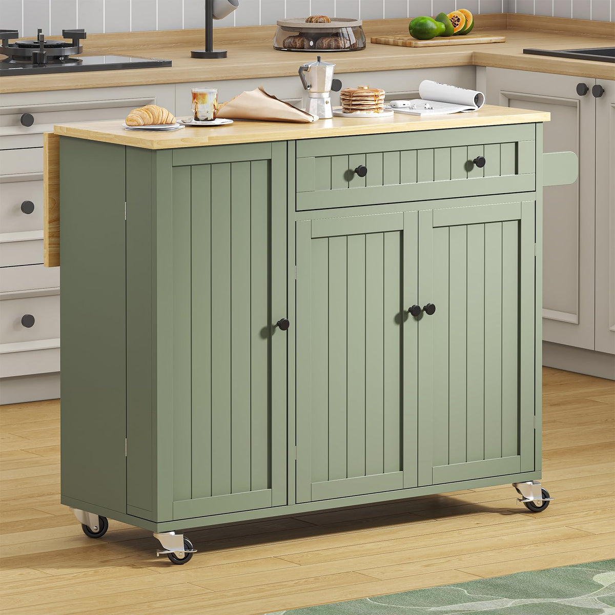 Bigbiglife Kitchen Island with Drop Leaf, Island Table on Wheels with Storage Cabinet, Modern Sideboard Buffet with Doors, Rolling Kitchen Island Cart for Dinning Room,Green