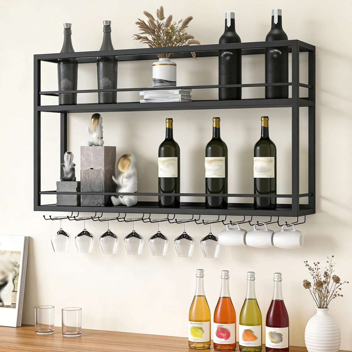 Industrial Wall Mounted Wine Rack, 2-Tier Wood Wine Bottle Shelf with Stemware Rack, Black Wine Glass Rack Multi Functional Wine Storage Display Rack for Home Bar Dining Room Kitchen (55.1×7.8×26in)