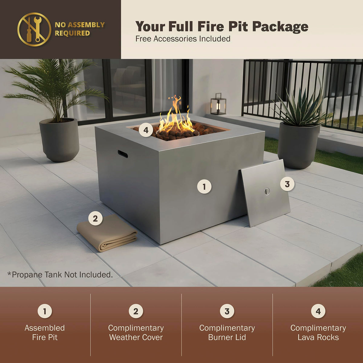 Kinger Home Kai 32-Inch Square Propane Fire Pit Table, Alloy Steel Outdoor Fire Pit with 50,000 BTUs, CSA-Certified, Includes a Burner lid, Lava Rocks and Weather Resistance Cover