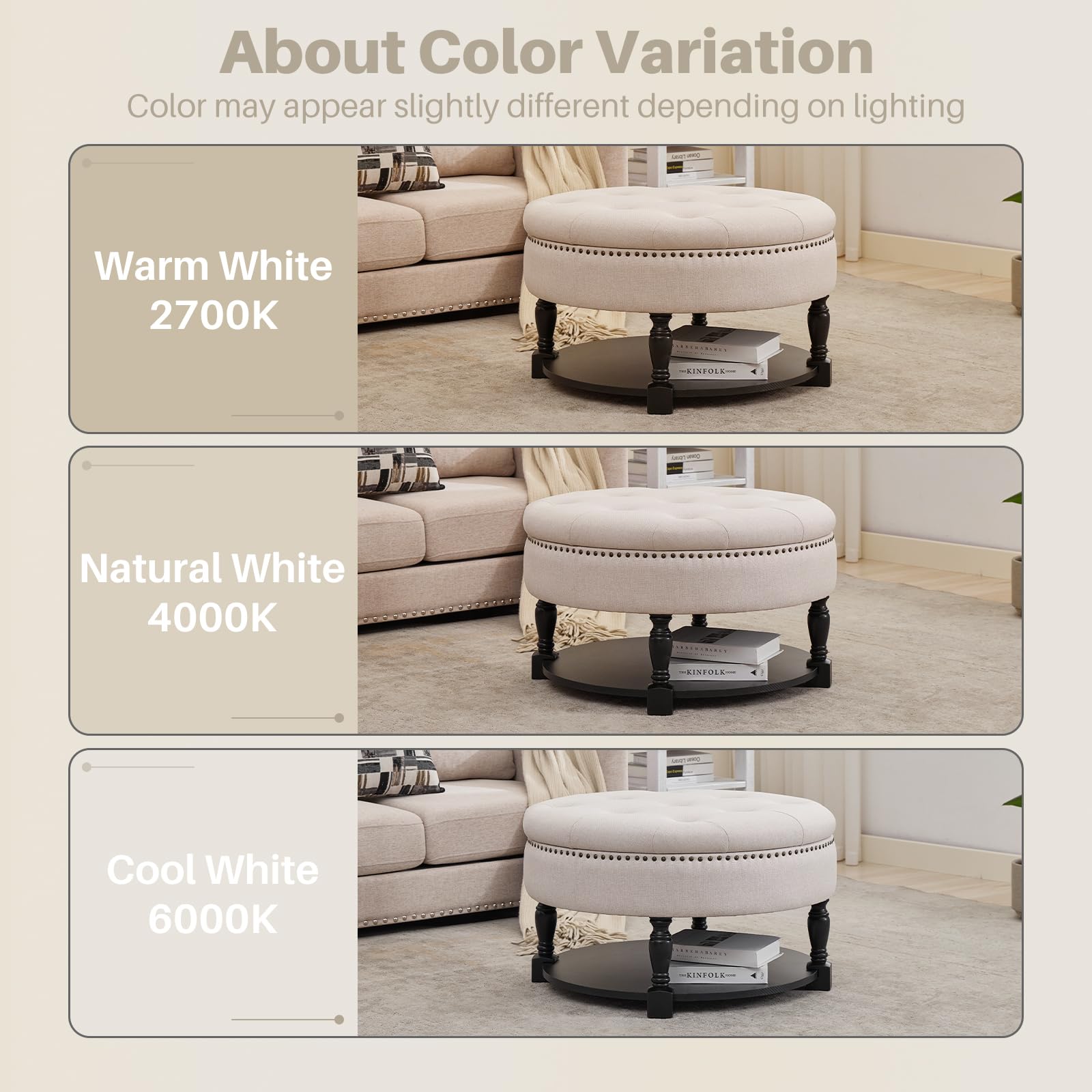 Round Storage Ottoman with Wood Shelf