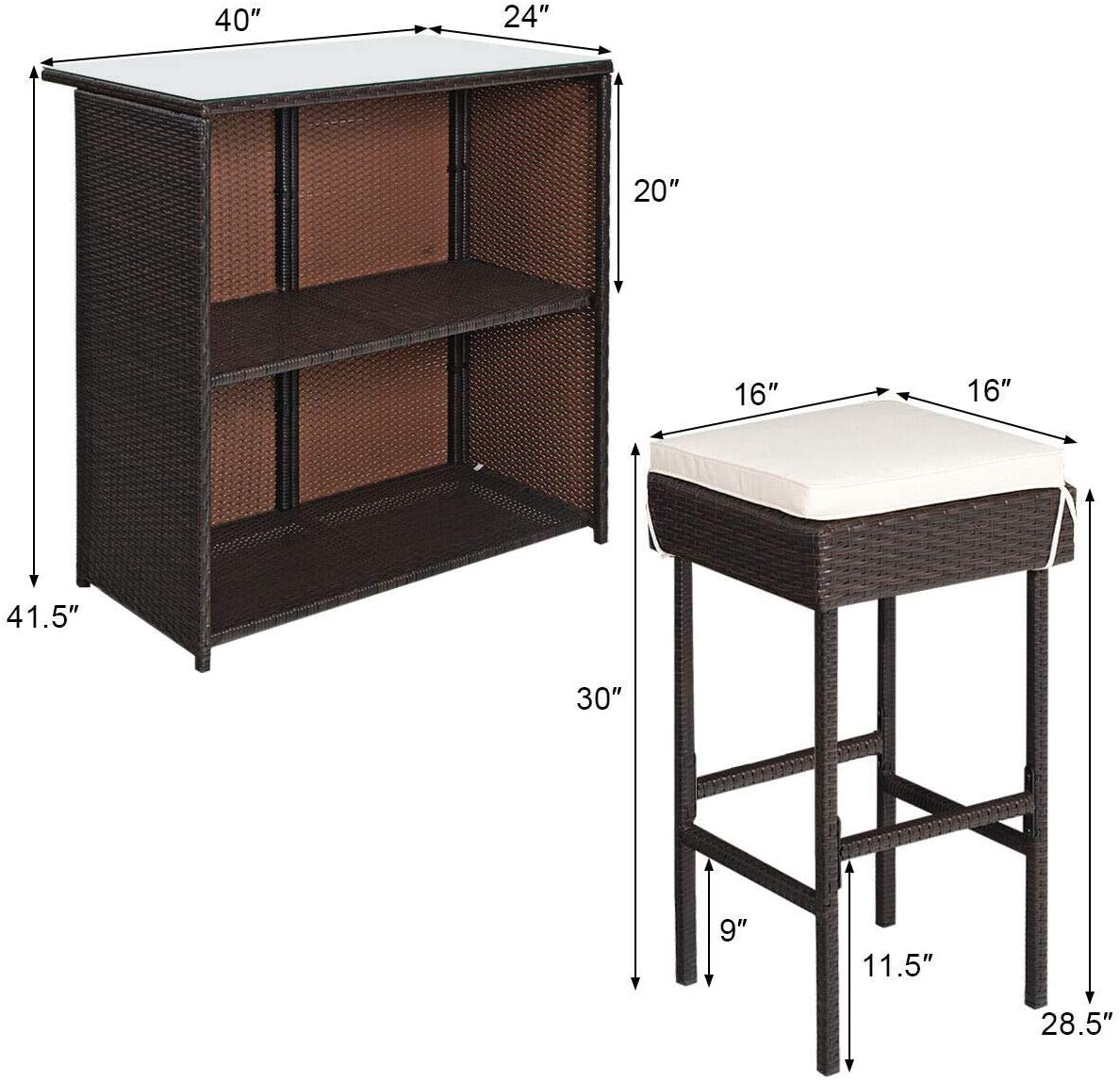 HAPPYGRILL 3-Piece Patio Bar Set Rattan Wicker Bar Stools & Table with Cushions, Storage Shelves, Glass Table Top, for Poolside Garden Balcony Deck Porch