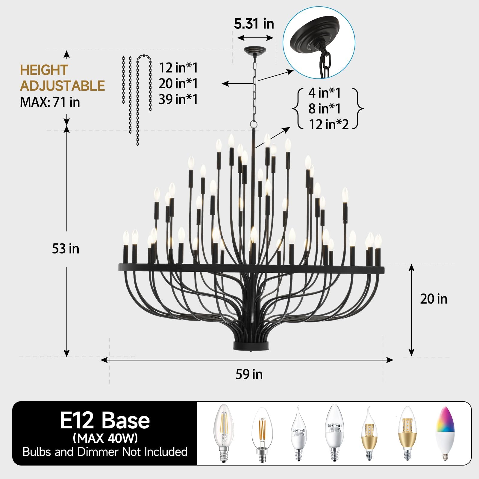 VBKK 60" 48-Light Extra Large Chandelier, Black Foyer Chandeliers for High Ceilings, Modern Farmhouse Light Fixtures for Dining Room Kitchen Island, E12 Vintage Rustic Industrial Candle Chandeliers
