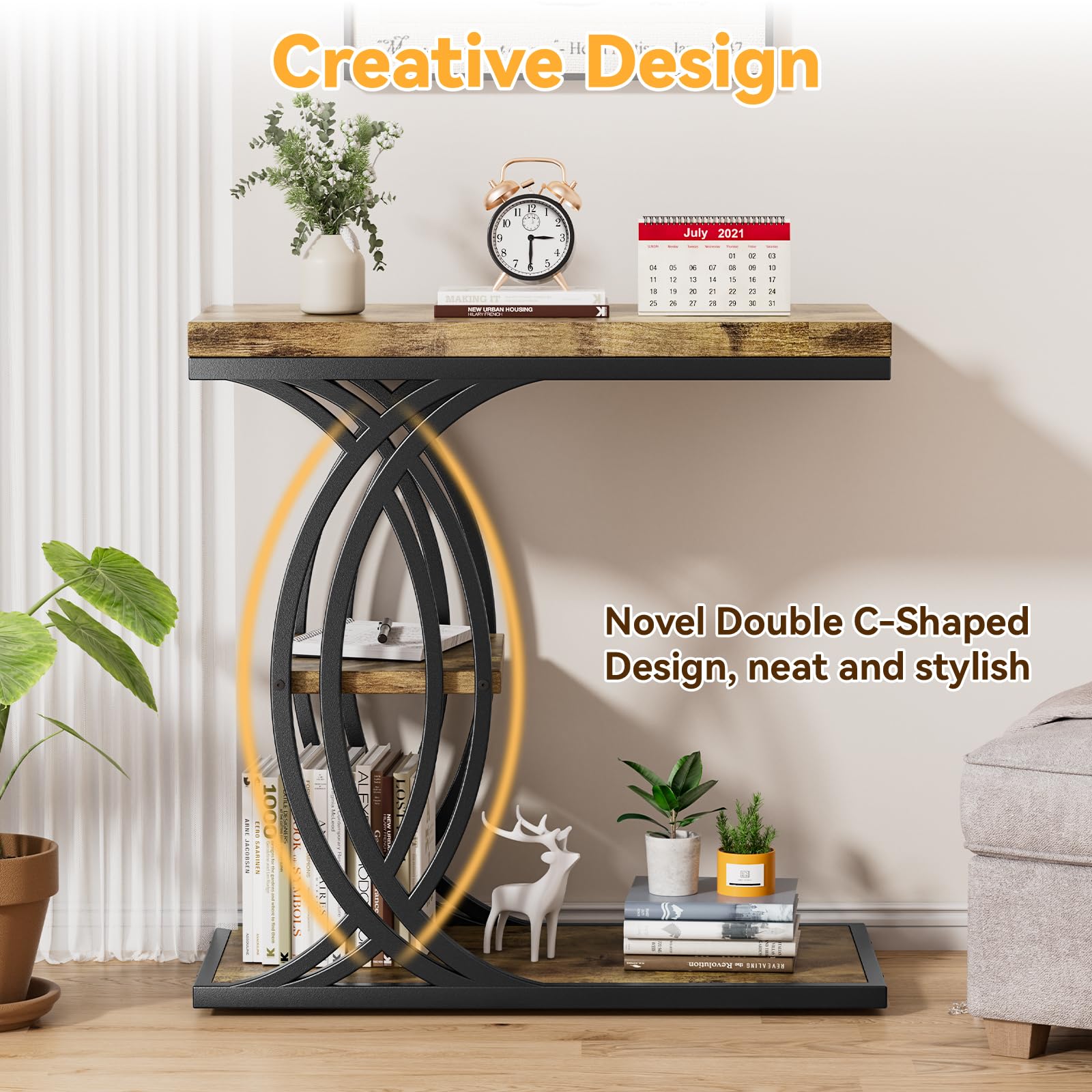 C-Shaped 3-Tier End Table with Metal Frame