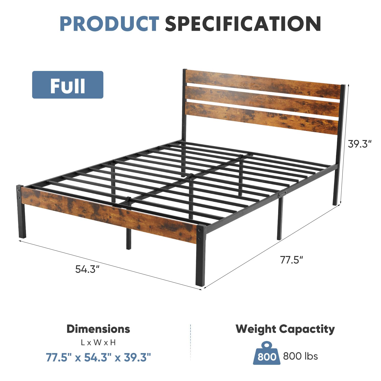 Industrial Metal Bed Frame with Headboard – 800 lb Capacity, Under-Bed Storage