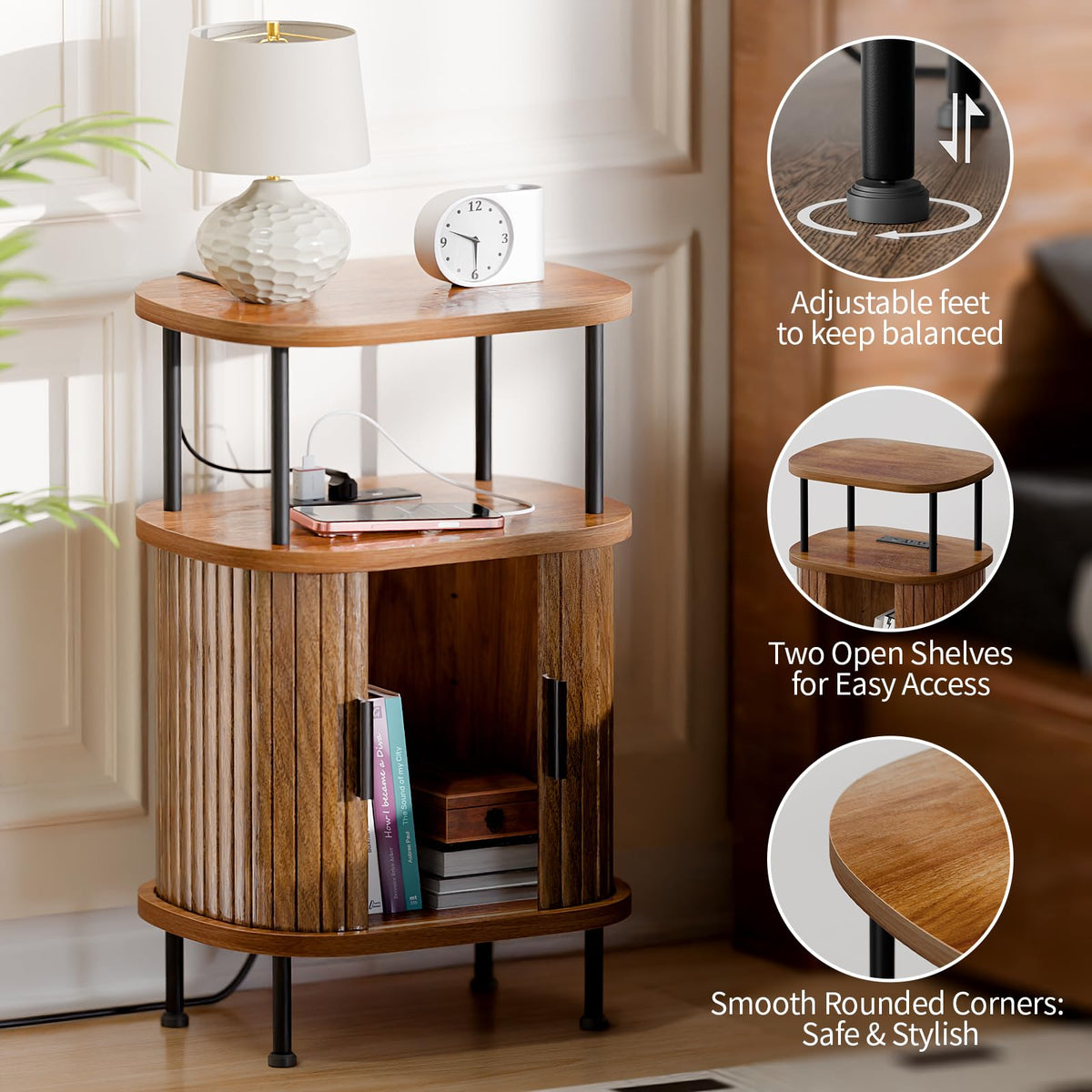 Fluted Nightstands Set of 2, Walnut Bedside Tables with Charging Station