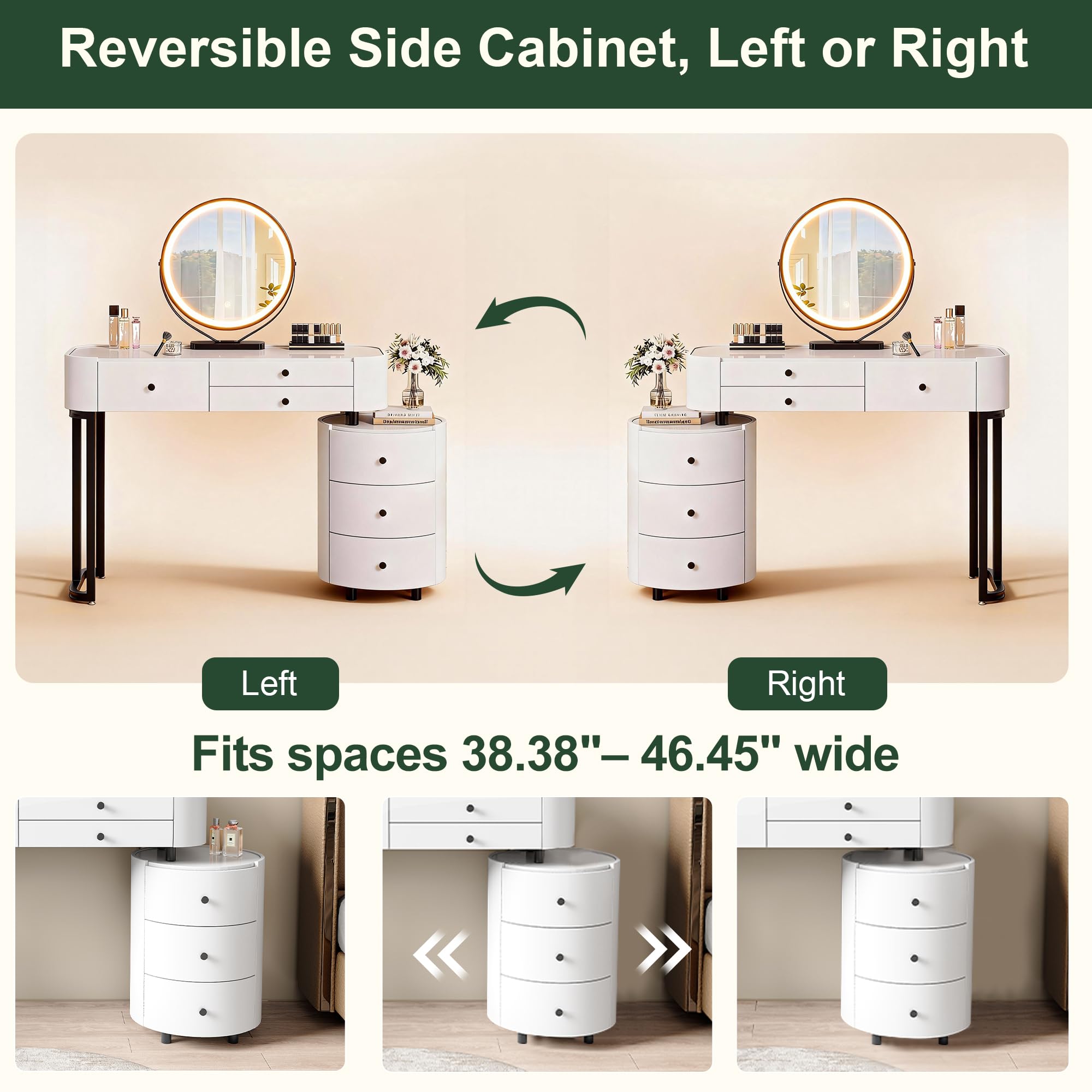 KDCAS Modern Vanity Desk with Mirror and Lights | Faux Leather Makeup Vanity with 5 Drawers | Round Reversible Side Cabinet for Small Spaces 38.38-46.45 in (White)