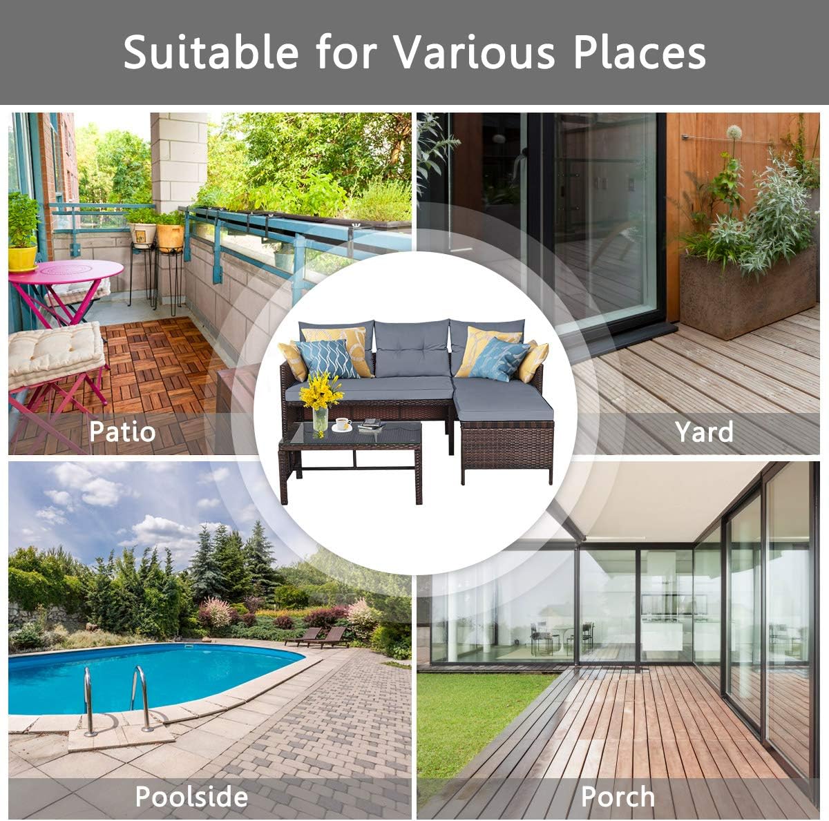 L-Shaped Outdoor Sectional Sofa Set, 3-Piece PE Rattan Patio Furniture with Coffee Table