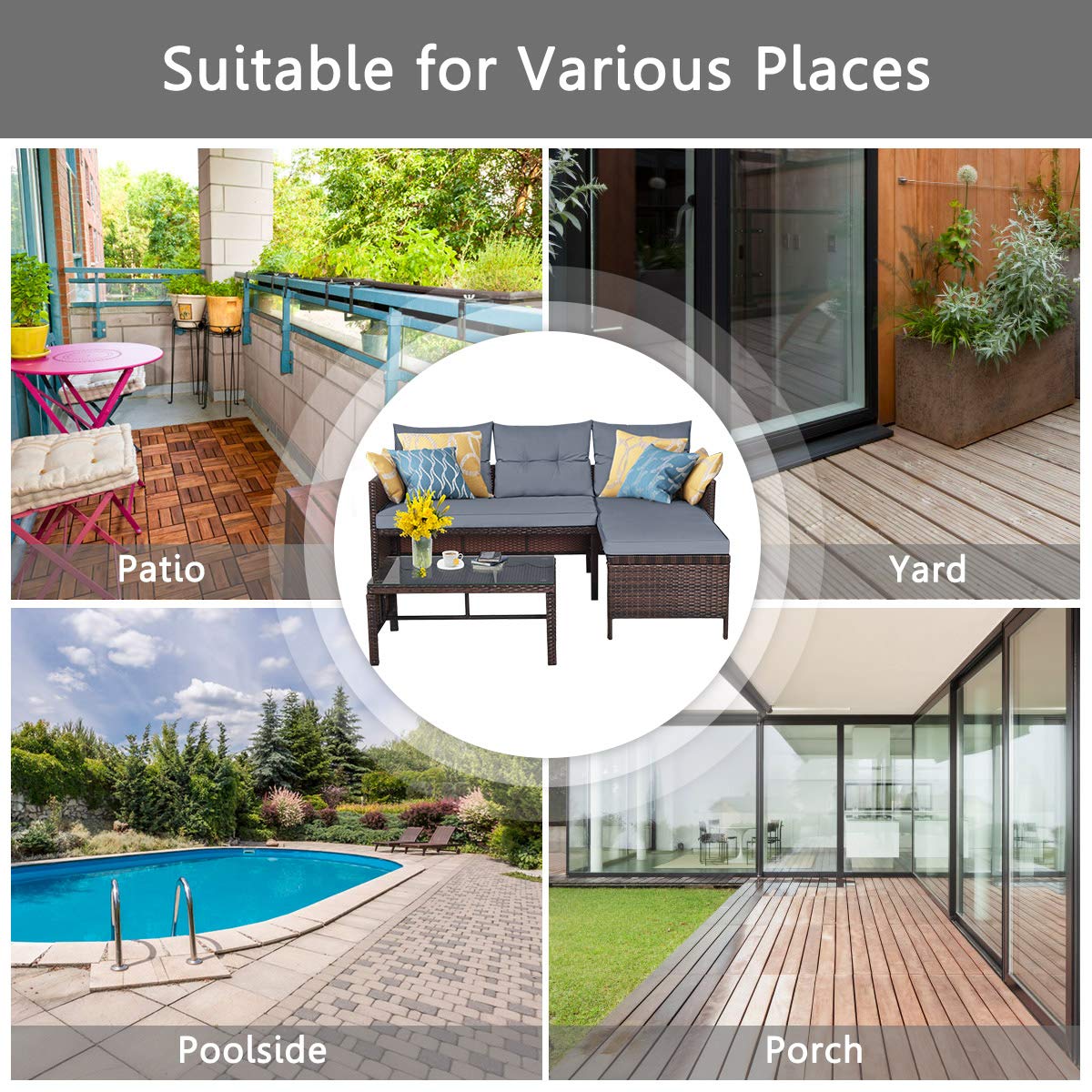 L-Shaped Outdoor Sectional Sofa Set, 3-Piece PE Rattan Patio Furniture with Coffee Table