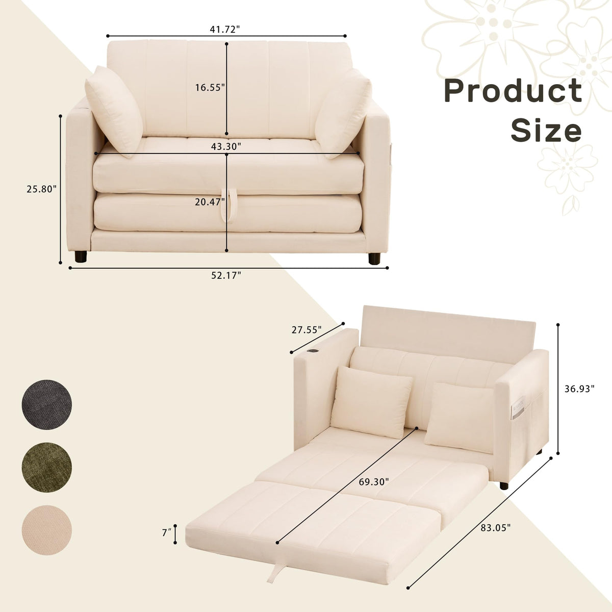 GIFTFIT 52" Convertible Loveseat Sofa Bed, 2 in 1 Sleeper Couch, Side Pockets, Space-Saving, Folding Sofa Bed with USB Port for Small Spaces, Living Room, Apartment （Beige）