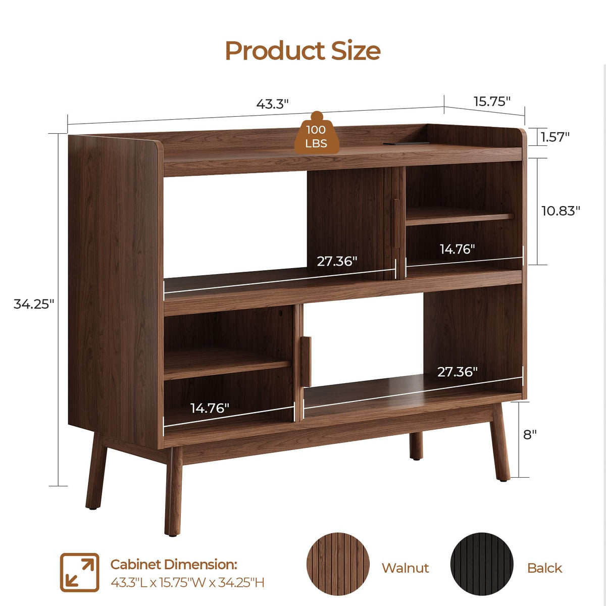 Lefurture 44" Buffet Sideboard Cabinet with Outlet Sliding Door, Walnut