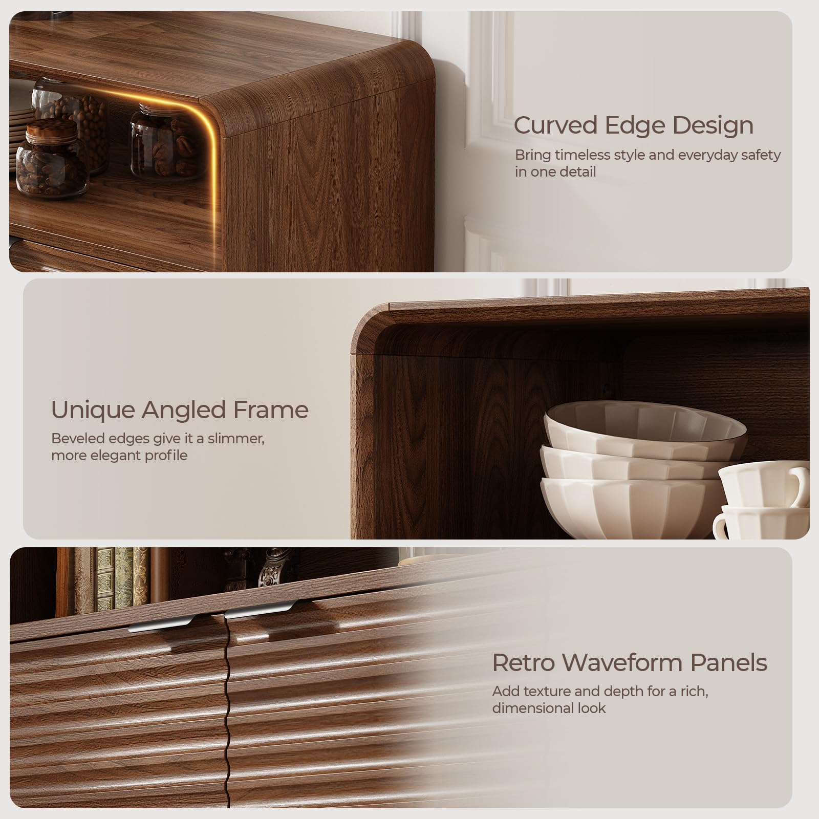 Lefurture 61" Sideboard Buffet Cabinet with Open Storage & 4 Doors, Large Coffee Bar Cabinet with Adjustable Shelves, Mid Century Modern Fluted Buffet Cabinet for Kitchen, Living Room, Walnut
