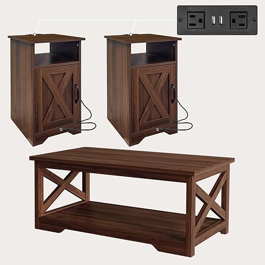 Farmhouse Coffee & End Table Set of 3 with Charging Station