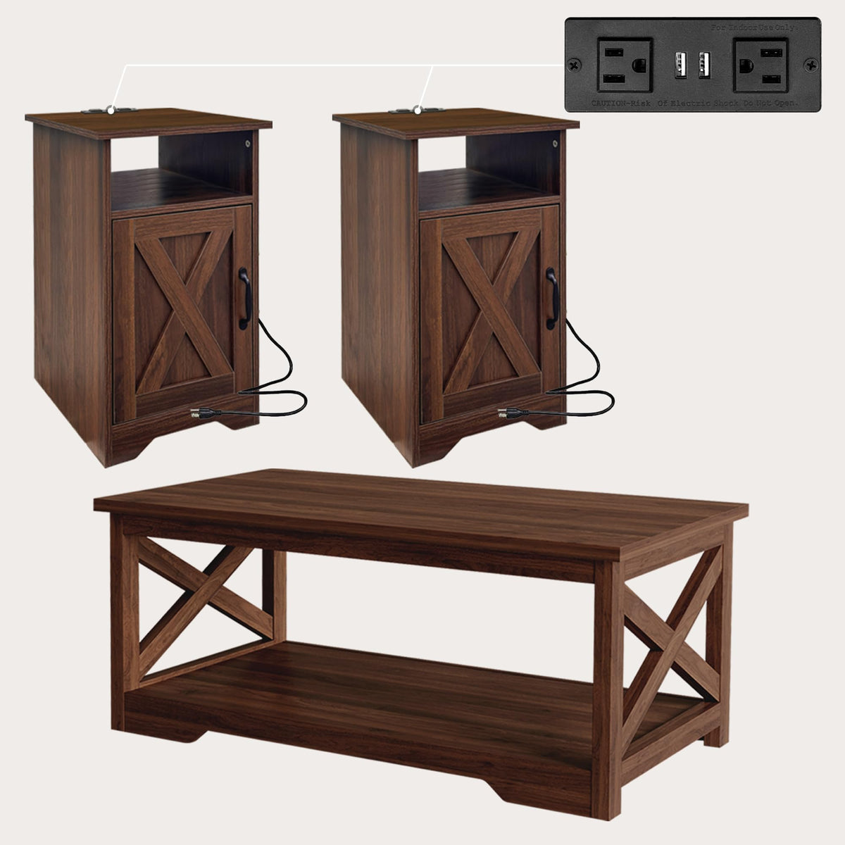 Walnut 3-Piece Coffee Table Set
