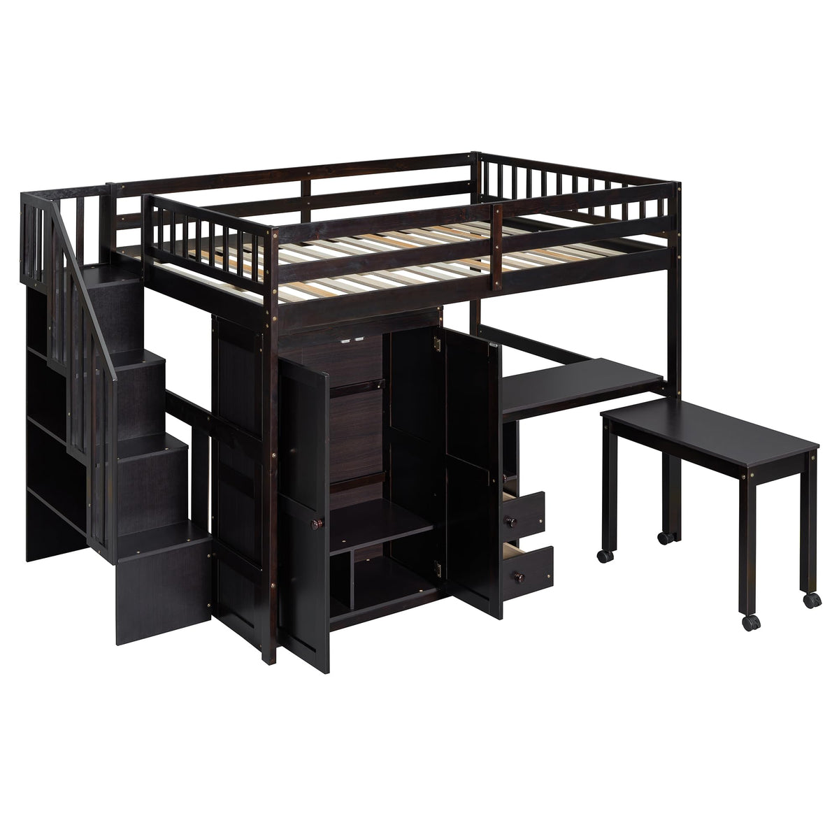 Merax Kids Full Multifunction Loft Bed with Desk/Wardrobe, Wood Storage Loft Bed with Staircase, Bookshelf & Drawers, No Box Spring Needed, Space Saving, Espresso