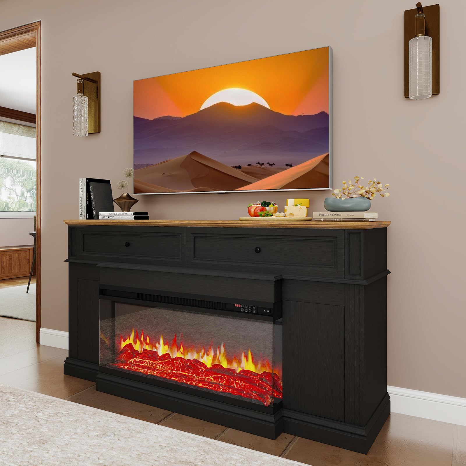 Breezestival Electric Fireplace TV Stand with 3-Sided Fireplace, 63" Entertainment Center for TVs up to 70", Modern Media Console with Large Storage, Black