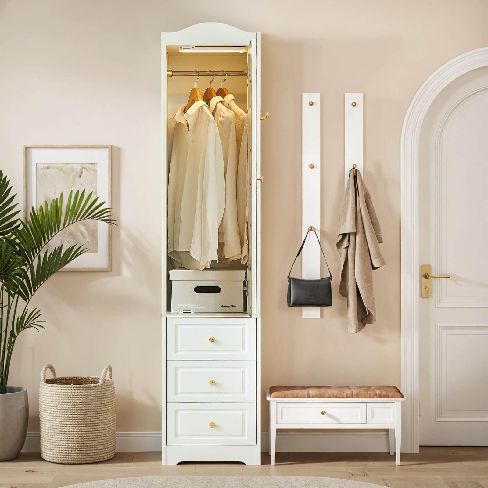 JanflyHome Armoire Wardrobe Closet, White Bedroom Armoires Cabinet with Mirror Door and 3 Drawers, 69.5" H Clothing Storage Cabinet with Hanging Rod & Sensor Light for Bedroom-Right