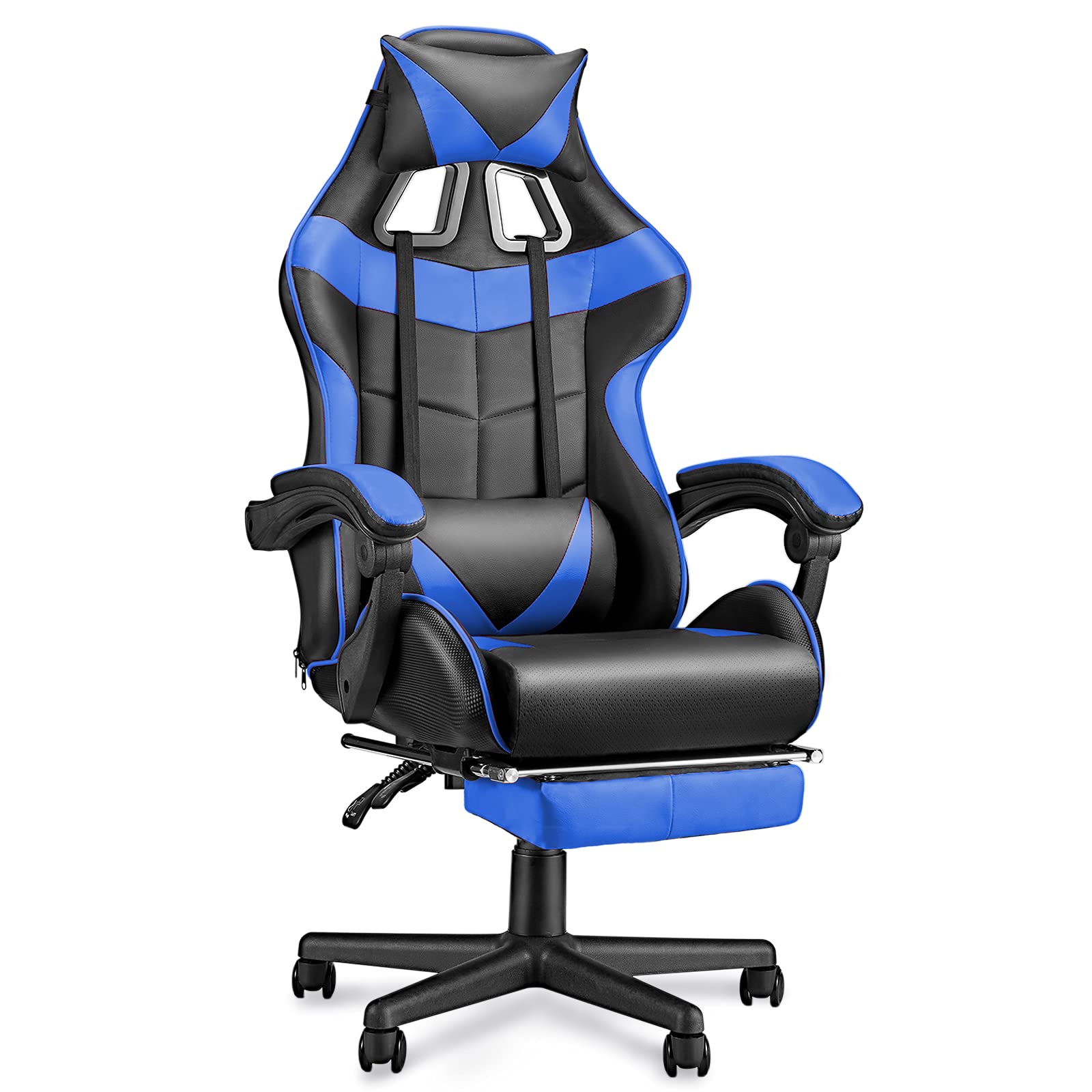 Huracan Gaming Chair with Footrest, Ergonomic Computer Chair Lumbar Support, Adjustable High Back Recliner for Adults, Racing Style Video Gaming Chairs, for Home Office Streaming, Blue