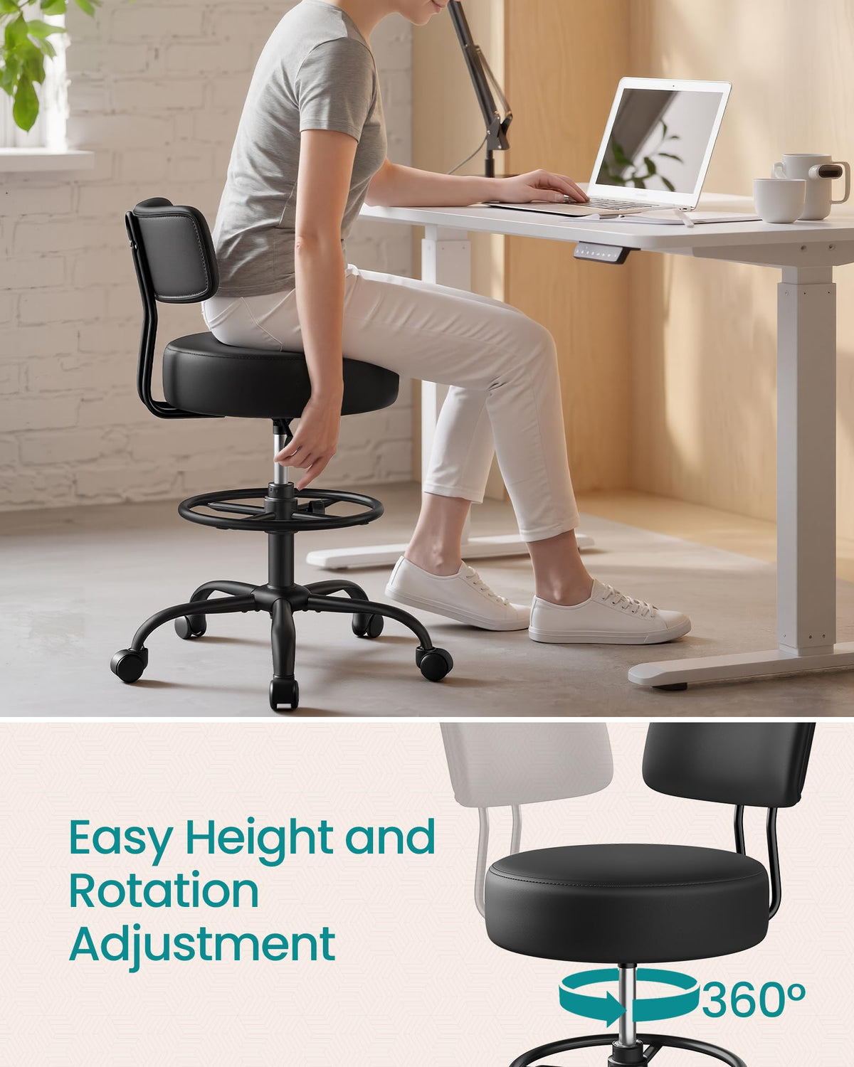 SONGMICS Drafting Chair with Backrest, Height Rolling Stool, PU Leather