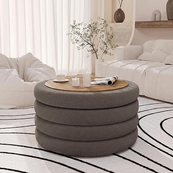 Round Sherpa Storage Ottoman with Tray