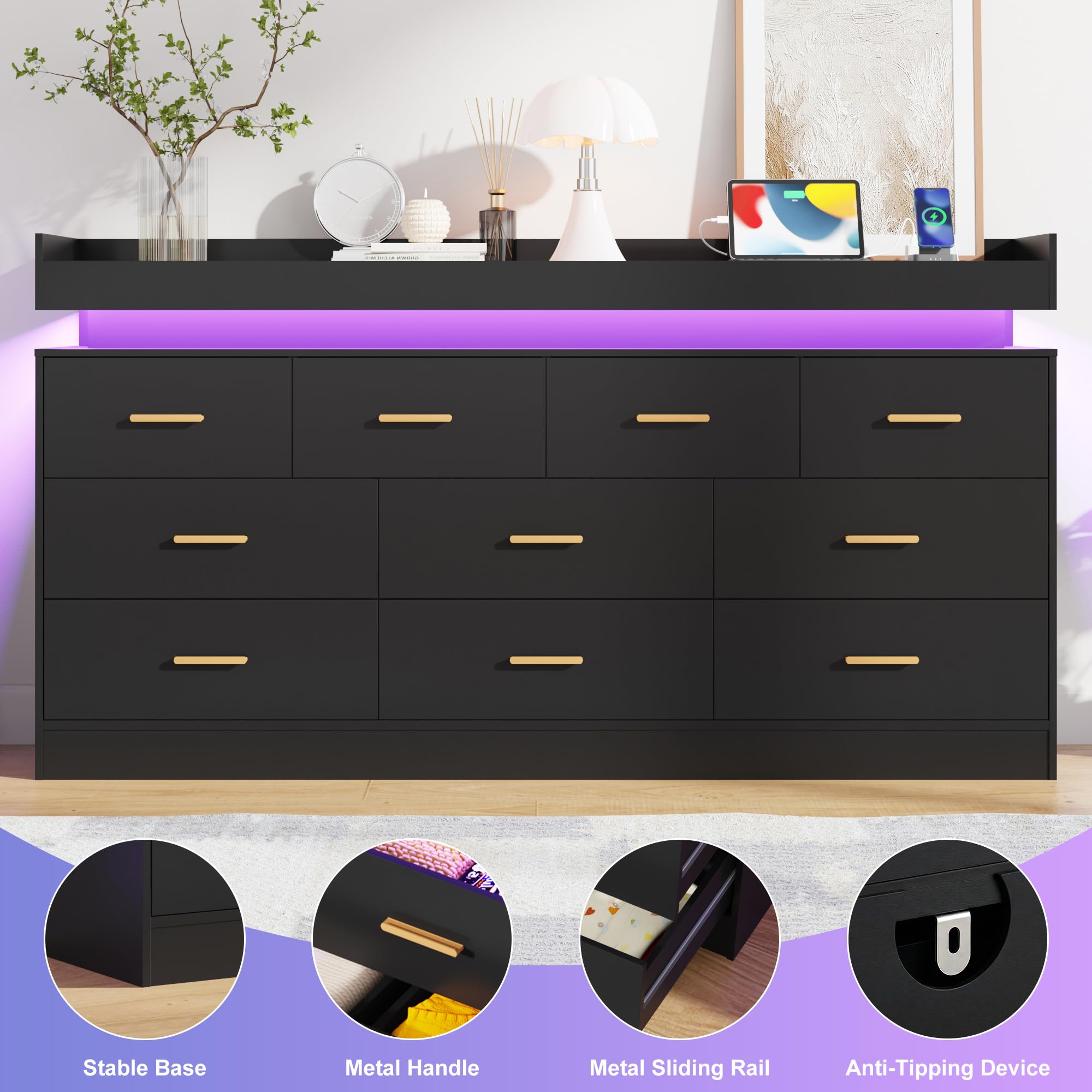 10-Drawer Dresser with Power Outlet & LED Light