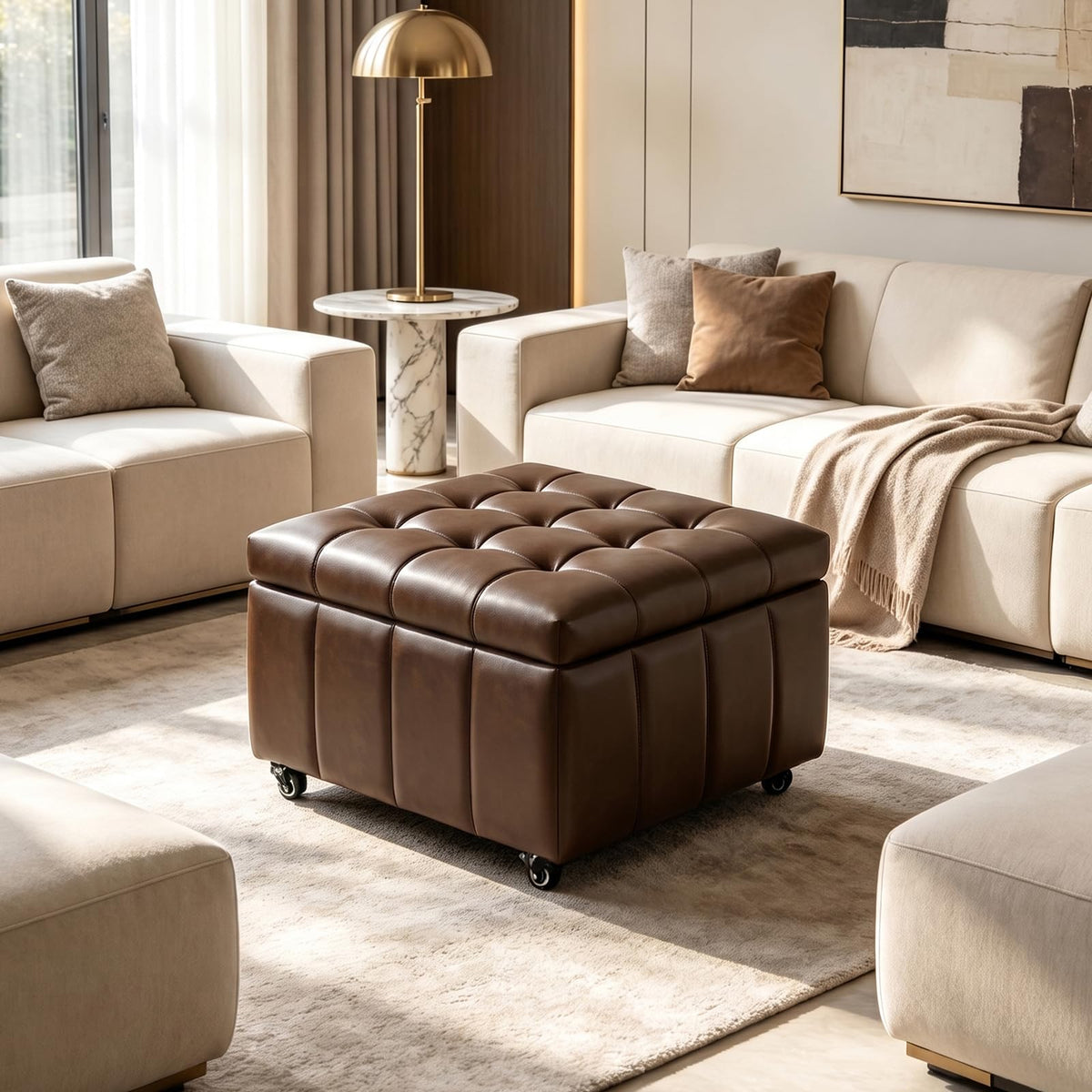 Faux Leather Rolling Storage Ottoman
