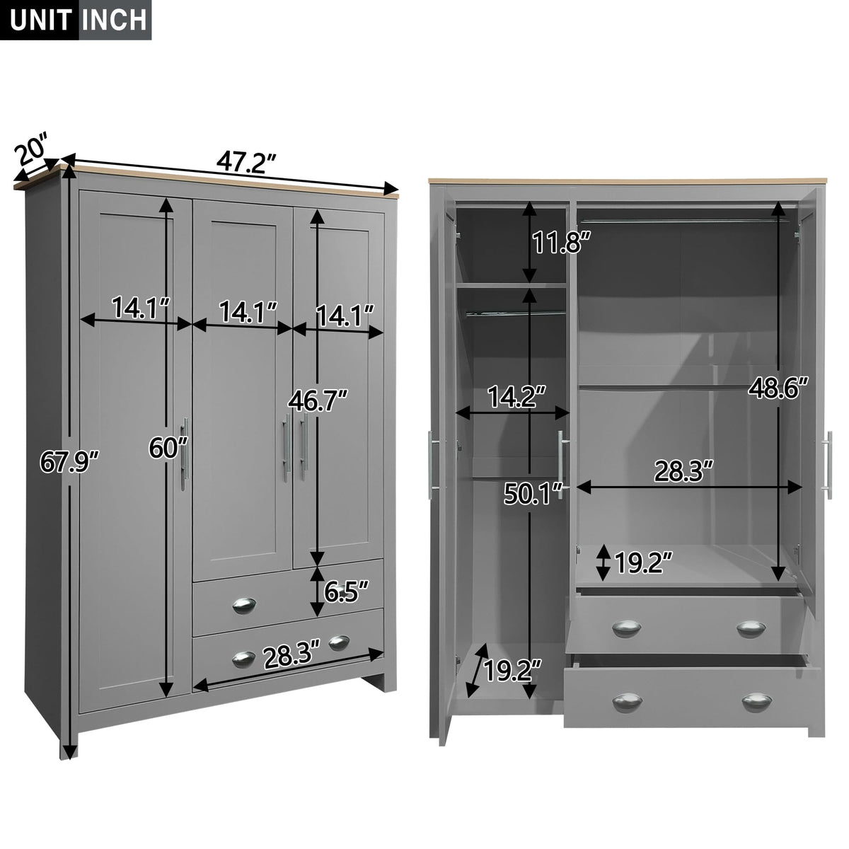 3-Door Wardrobe with Drawers