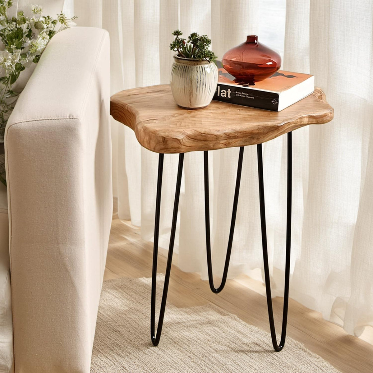 WELLAND Live Edge Cedar End Table with Hairpin Legs, 20.5" H