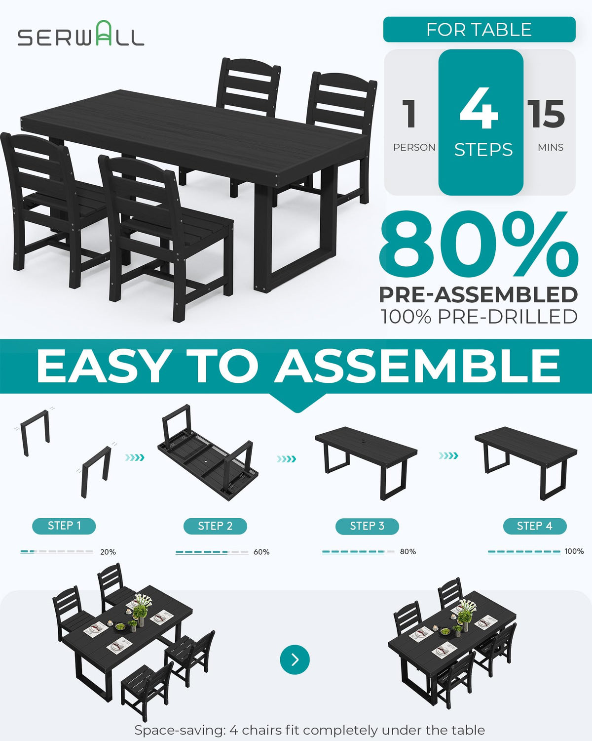 SERWALL HDPE Outdoor Dining Set for 4, 67'' Patio Table and Chairs Set