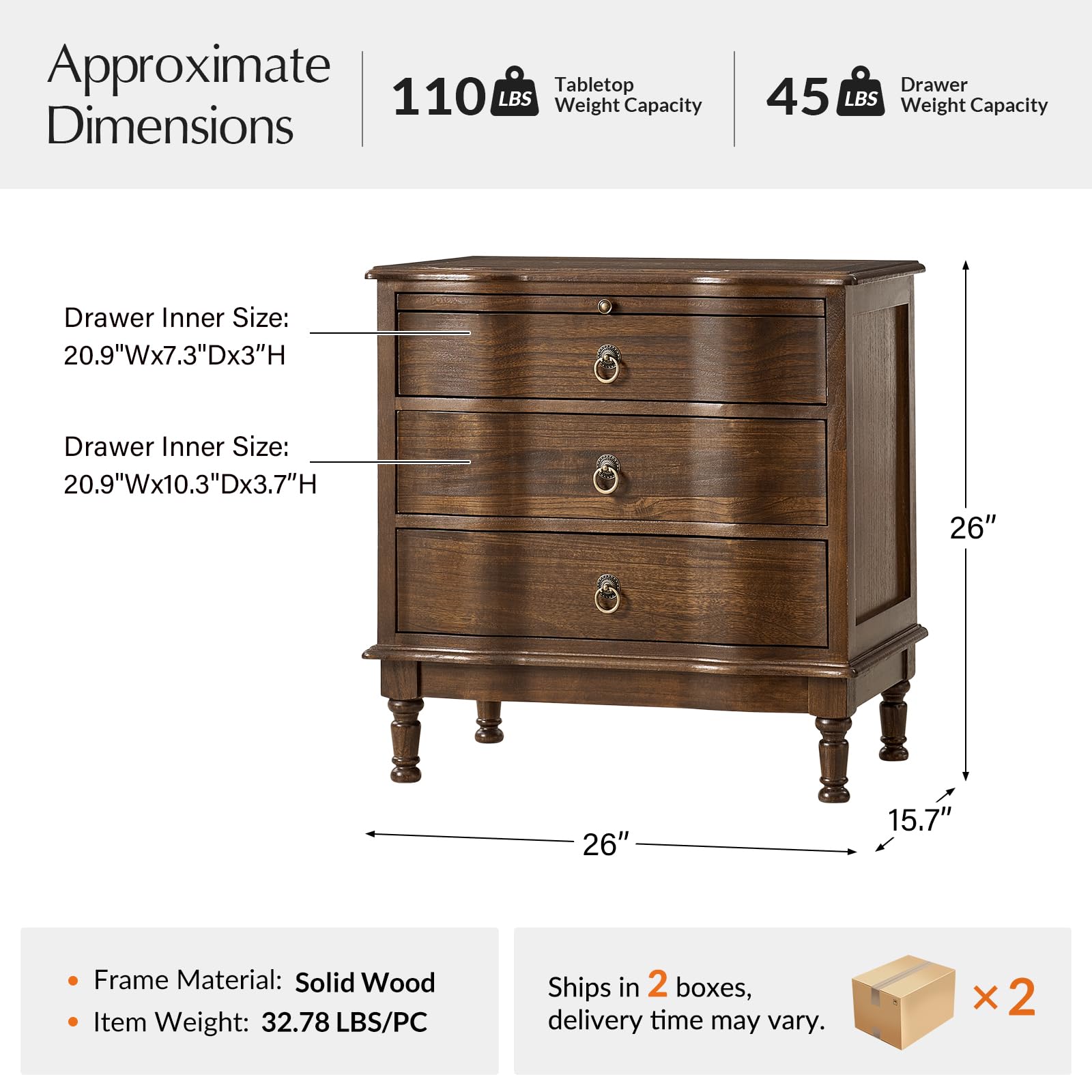 Solid Wood End Table with Charging Station & 3 Drawers