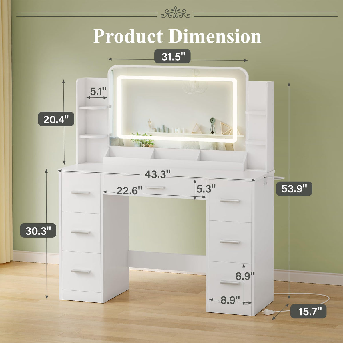 JUMMICO Makeup Vanity Desk with Large Mirror and LED Lights, Vanity with Power Strip and Hairdryer Holder, 6 Open Shelves and 7 Drawers Modern Dressing Table, for Bedroom (White)