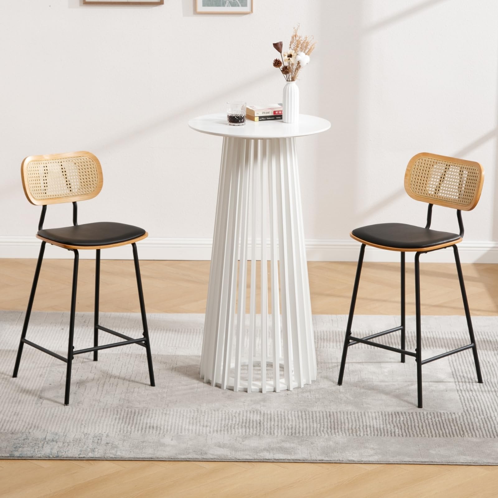 DUOMAY White Round Bar Table, 43.5" High Wood Bar Table with Stylish Geometric Base, Modern Style Cocktail Tables for Parties, Kitchen, Dining Room, Coffee Shop
