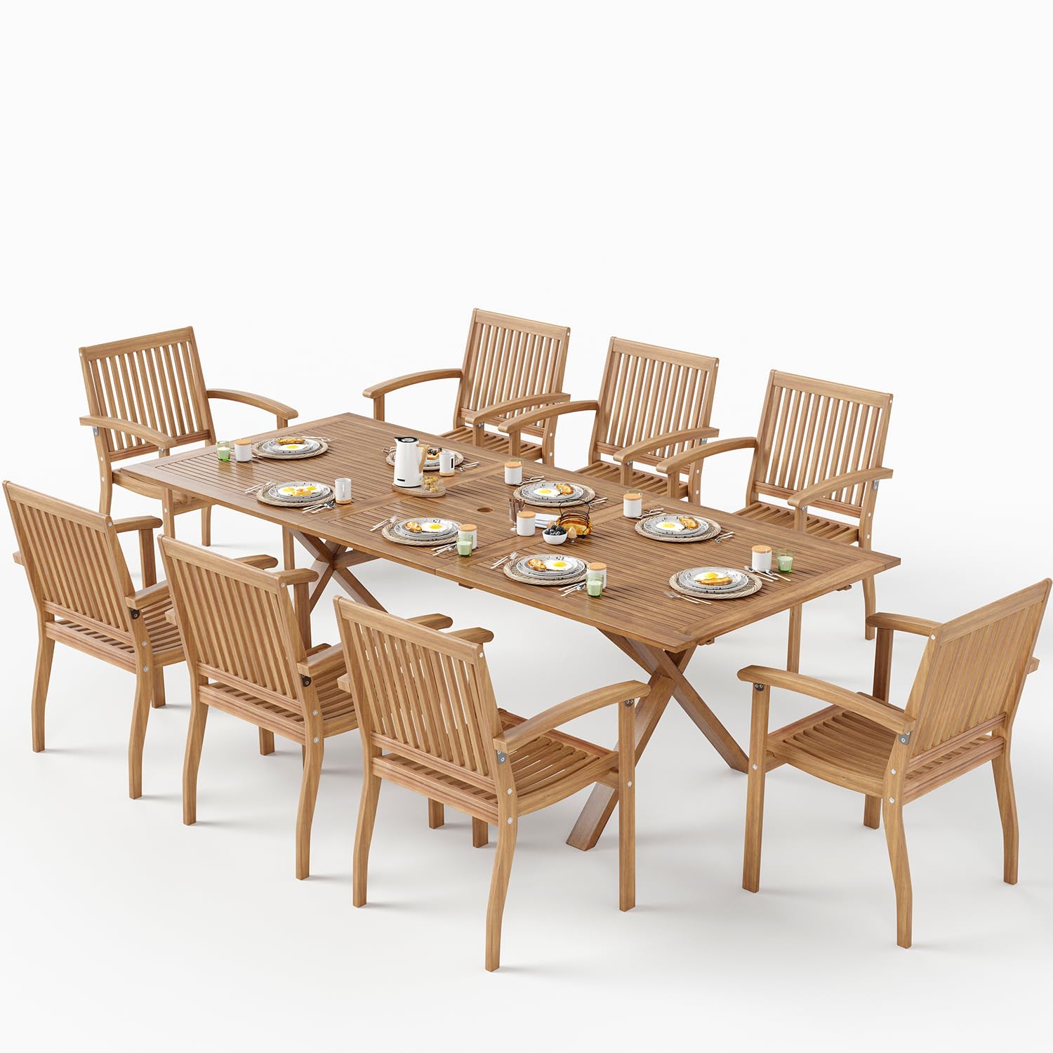 SUNSHINE VALLEY Acacia Wood 9 Piece Patio Dining Sets for 8, Outdoor Dining Set with Expandable Teak Dining Table(1.97" Umbrella Hole) & Wooden Chairs, Patio Table and Chairs for Backyard,Deck