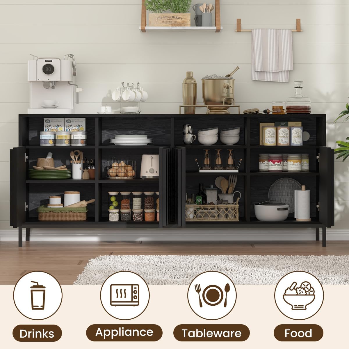 70" Buffet Sideboard Cabinet with Power Outlets & Adjustable Shelves