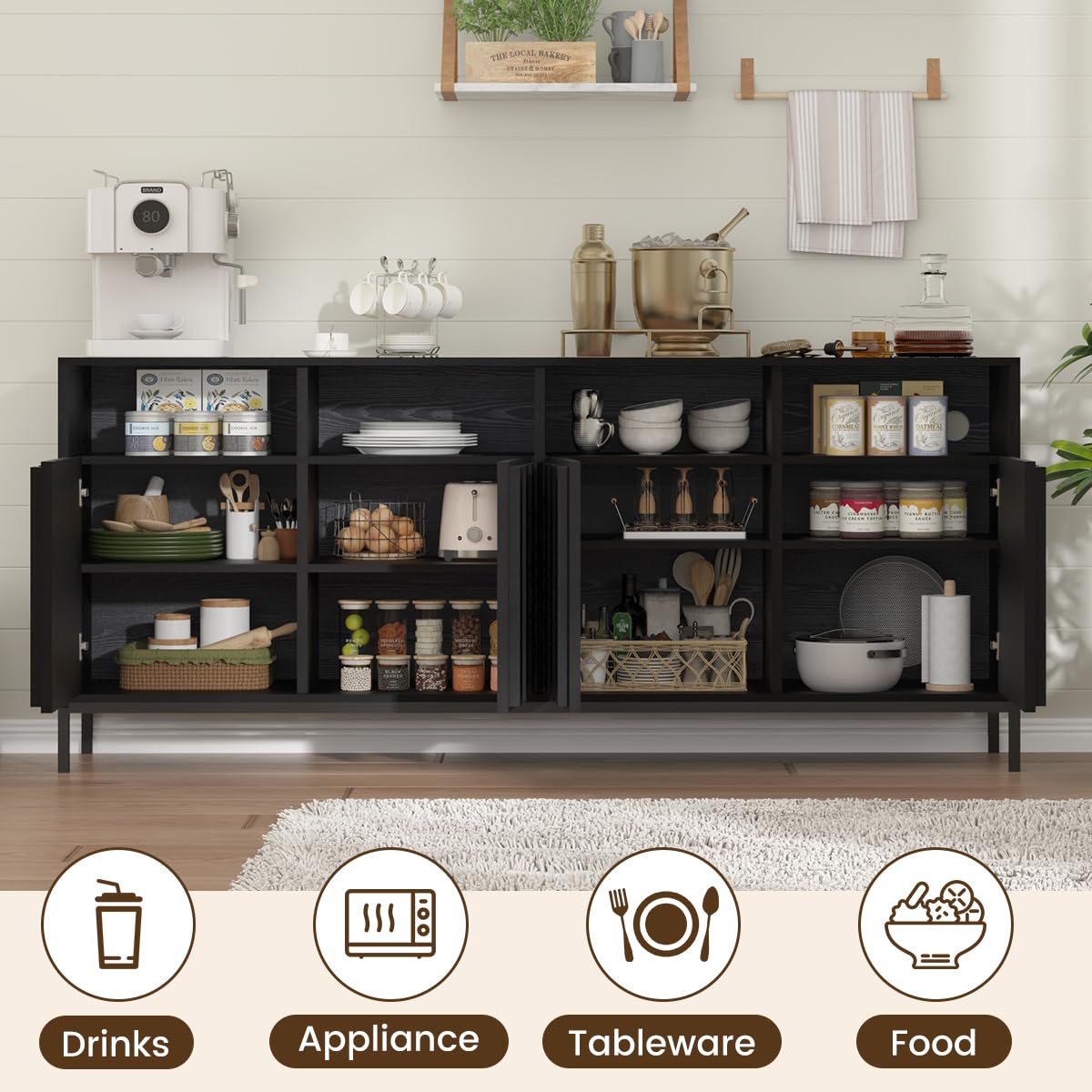 70" Buffet Sideboard Cabinet with Power Outlets & Adjustable Shelves