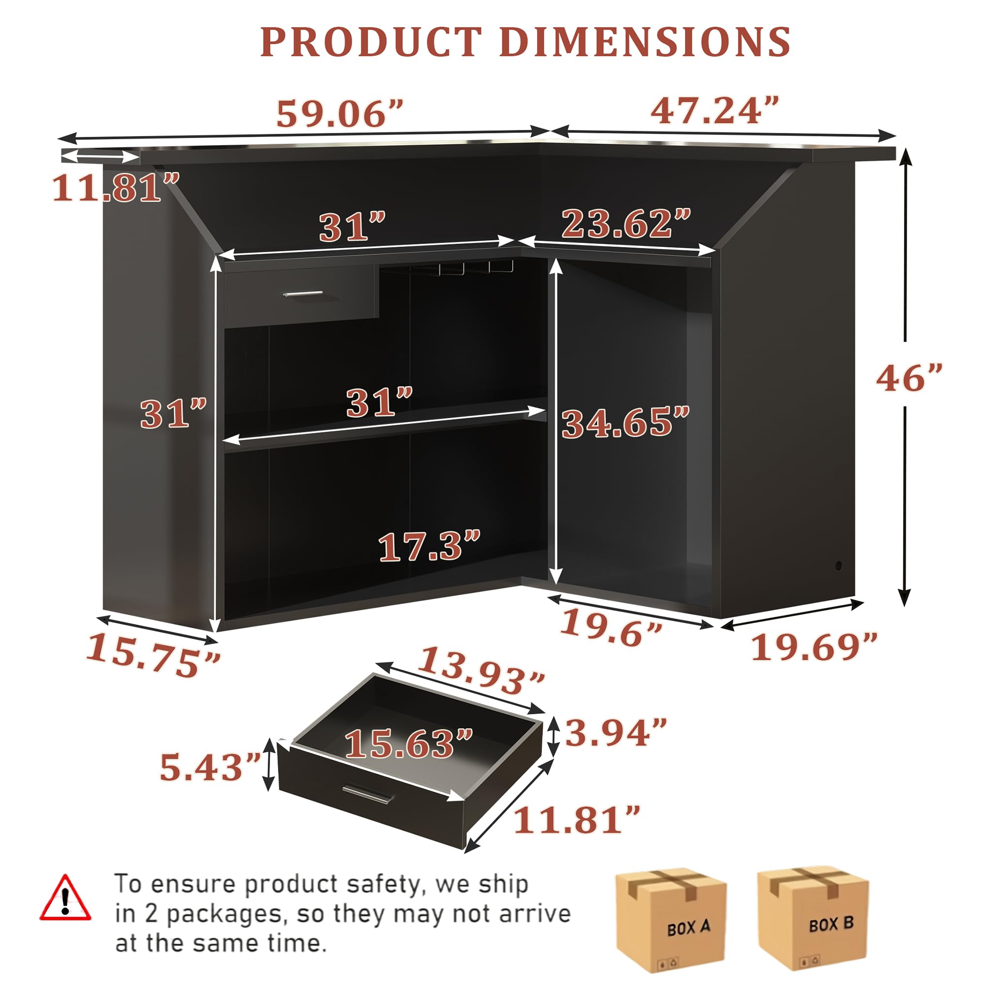 L-Shaped Home Bar Cabinet with Fridge Space, 4-Tier Corner Bar Cabinet with Glass Holder, Liquor Cabinet for Home with Led Lights, Power Outlets, Wine Cabinet for Living Room, Dining Room, Basement