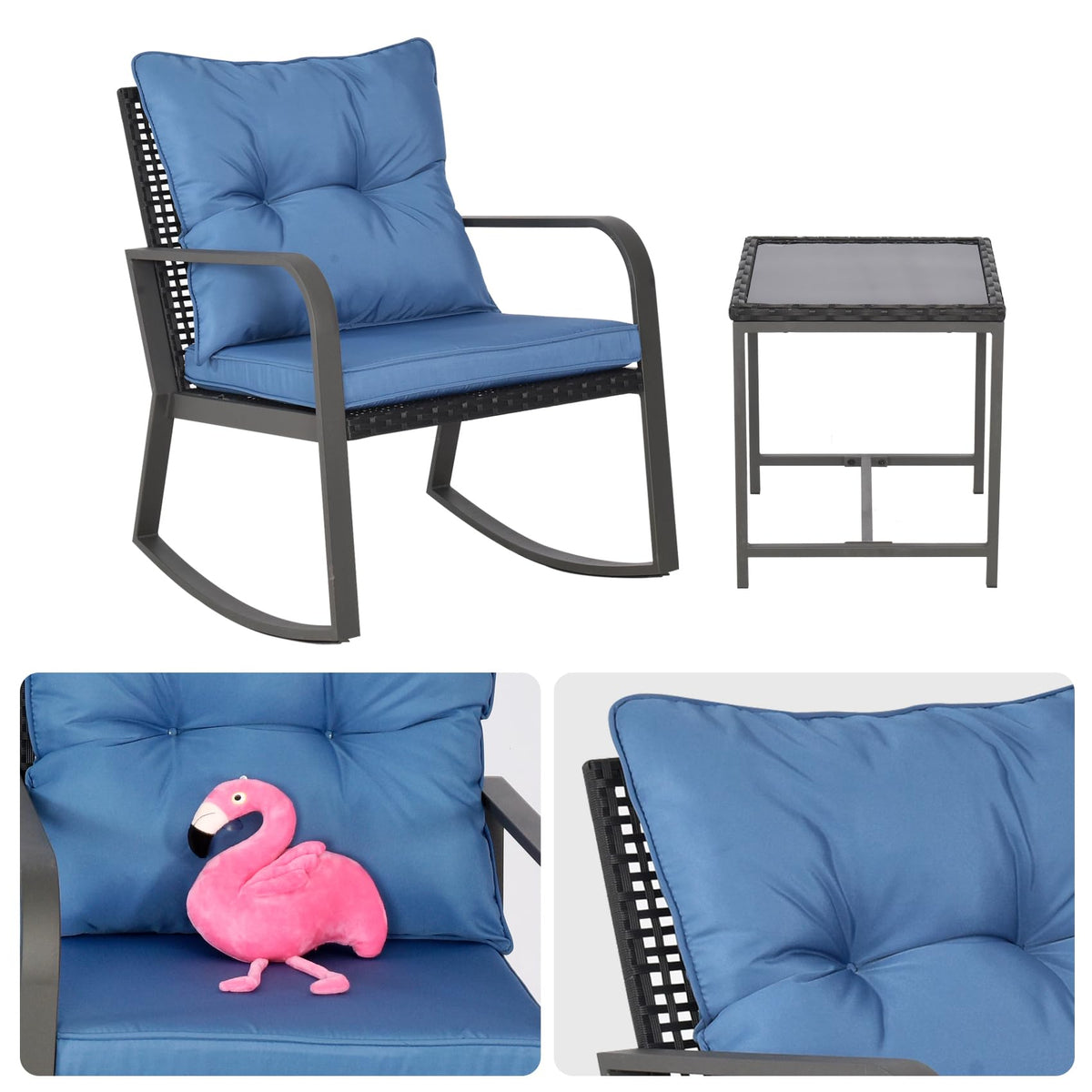 Temminkii Bistro 3 Piece Patio Furniture Set, Patio Table and Rattan Outdoor Rocking Chairs Set of 2, Outdoor Bistro Conversation Set for Garden, Balcony, Poolside, Backyard, Blue