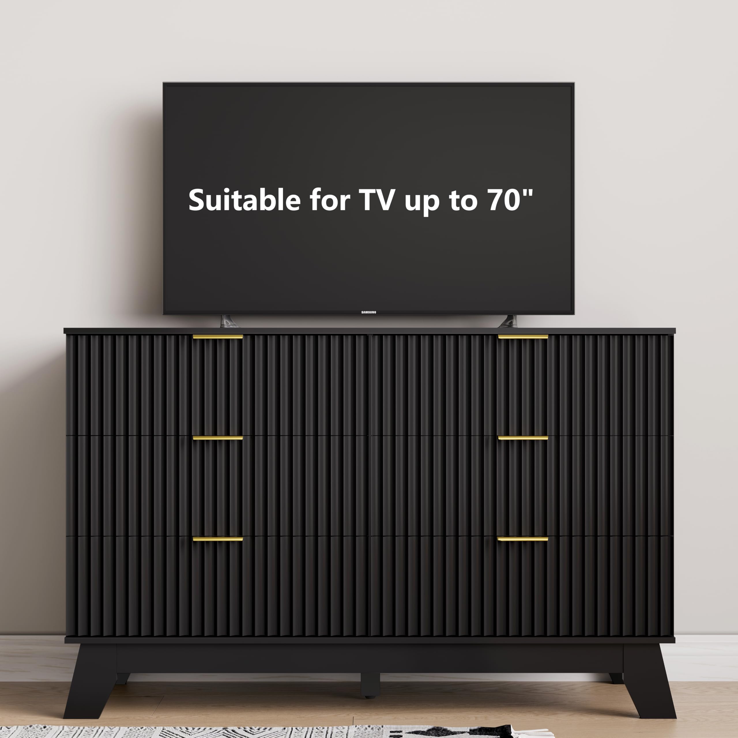 HUANLEGO 6 Drawer Dresser for Bedroom, Black Fluted Dressers Chest of Drawers with Gold Handle, Wood Mid Century Modern Dressers for Closet, Bedroom Dresser Storage Organizer for Living Room, Hallway