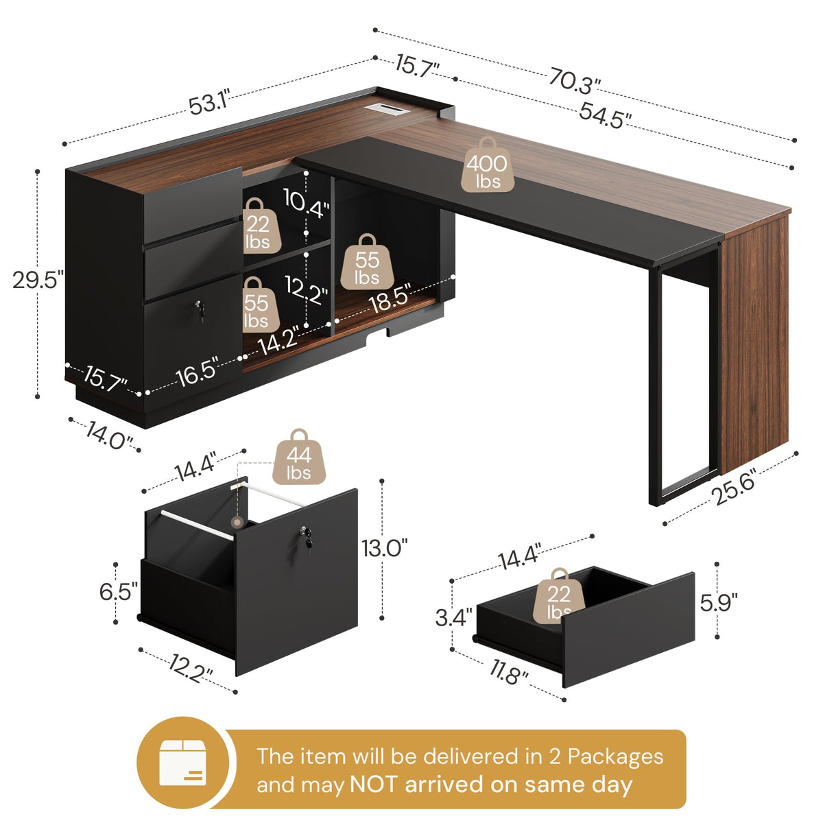 Vividwood 70" Executive Desk with Cabinet Storage, L-Shaped Office Desk with 3 Drawers and Shelves, Large Computer Desk Business Furniture for Home Office (Brown & Black)