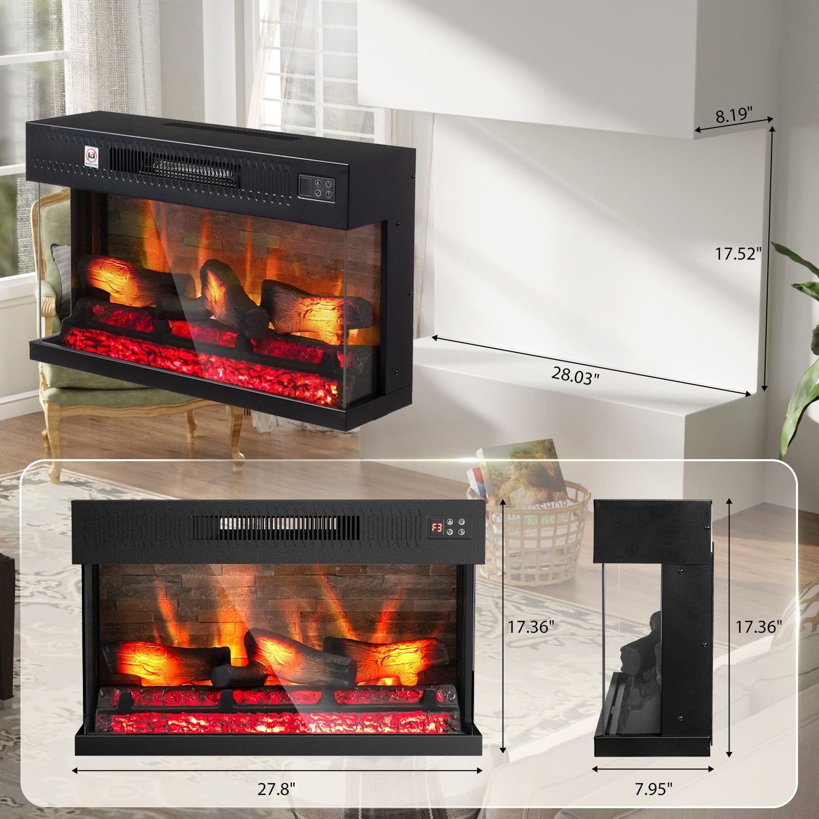3-Sided Glass Recessed Electric Fireplace Insert with Remote & Timer