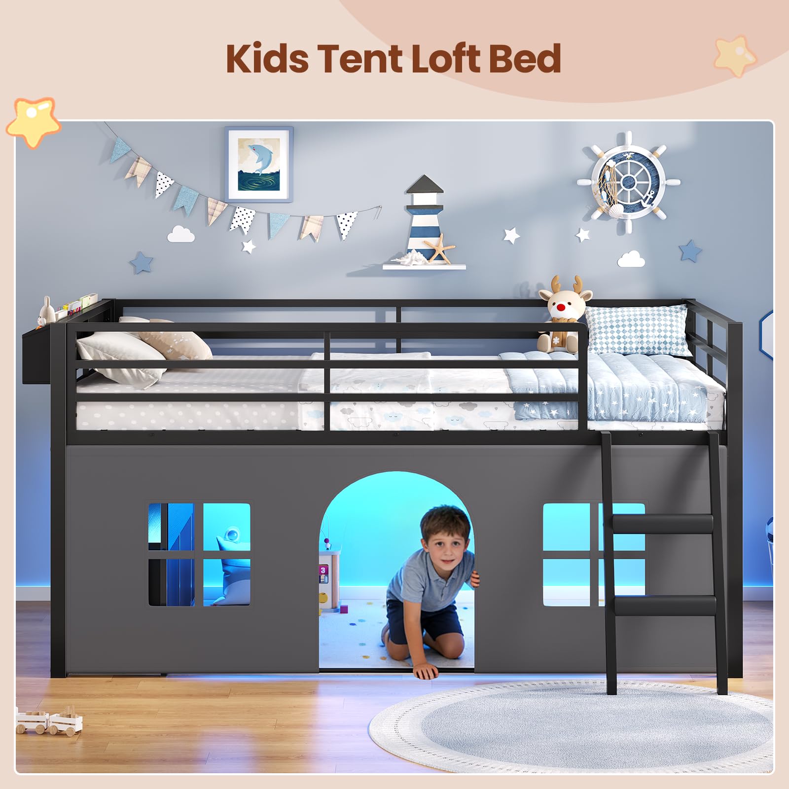 Kids Low Loft Bed with Tent, Storage & LED Lights