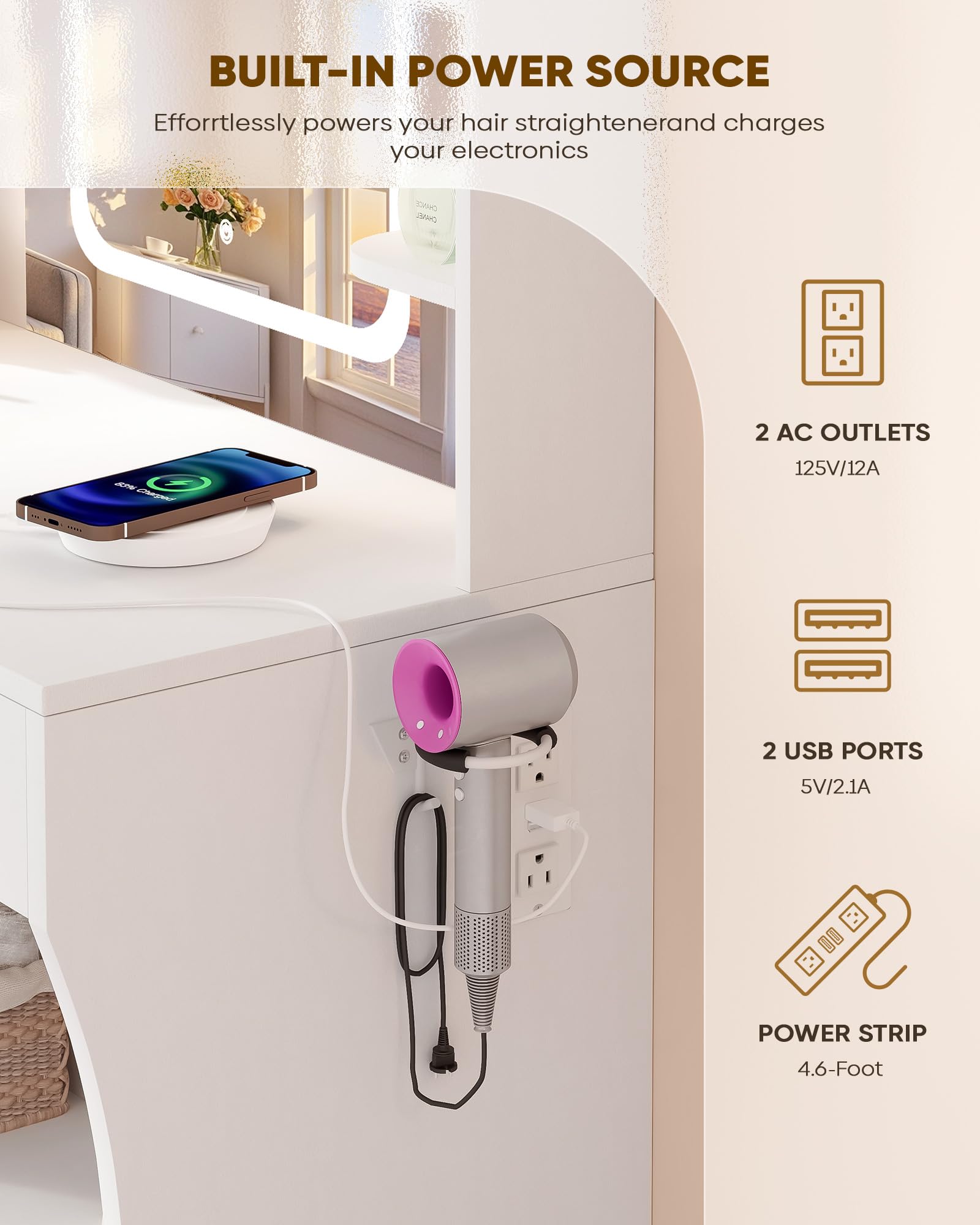 LIVELYGLOW Small Makeup Vanity Desk with Smart LED Mirror & Power Outlet, 29.5" White Vanity Table with Hairdryer Rack, 5 Storage Shelves & 2 Drawers, Compact Dressing Table for Small Spaces